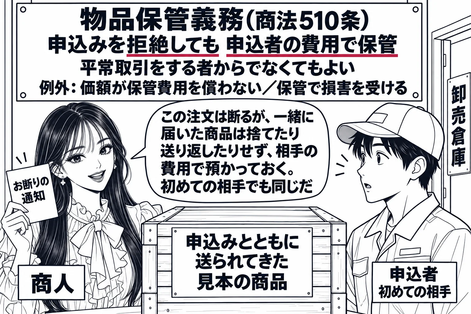 卸売店の倉庫の入口の場面。先生が店主役（札「商人」）で、届いた木箱（札「申込みとともに送られてきた見本の商品」）の前に立ち、手に「お断りの通知」と書いた葉書を持っている。向かいに配達の男性（札「申込者　初めての相手」）。壁の板書「物品保管義
