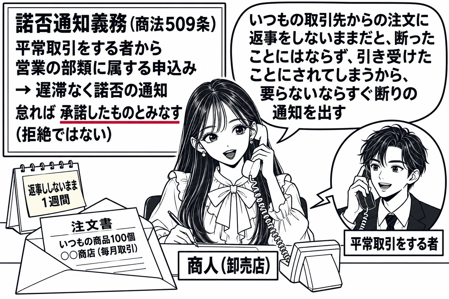 卸売店の事務机の場面。先生が店主役（札「商人（卸売店）」）で机に座り、机の上に封筒「注文書　いつもの商品100個　○○商店（毎月取引）」が開封されたまま置かれ、壁のカレンダーに「返事をしないまま1週間」と書いた付箋。電話の向こうに小さく男性