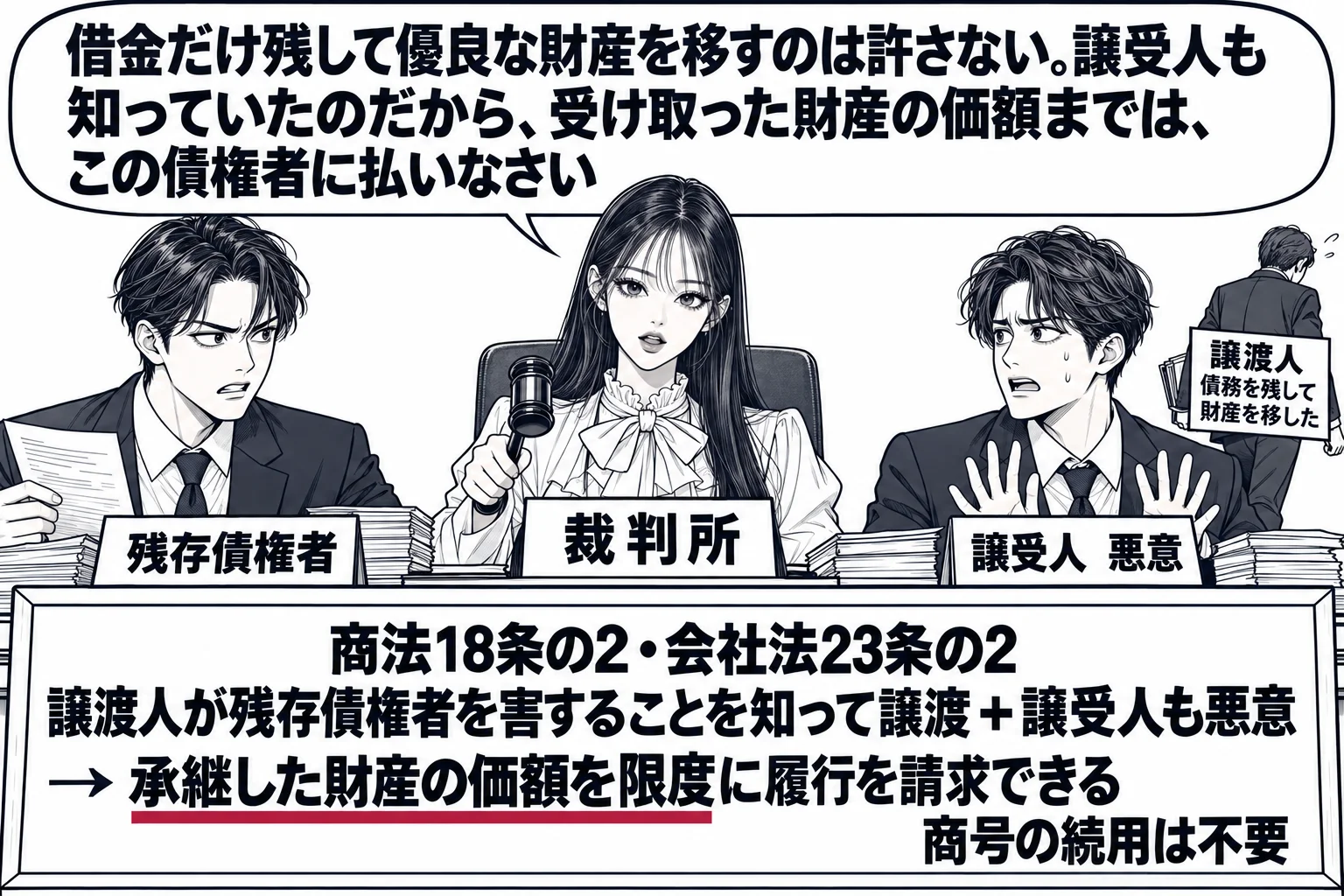 法廷の場面。先生が裁判官役（札「裁判所」）で法壇に座る。原告席に男性（札「残存債権者」）、被告席に男性（札「譲受人　悪意」）。被告の後ろに小さく去る男性（札「譲渡人　債務を残して財産を移した」）。法壇の前の板書「商法18条の2・会社法23条