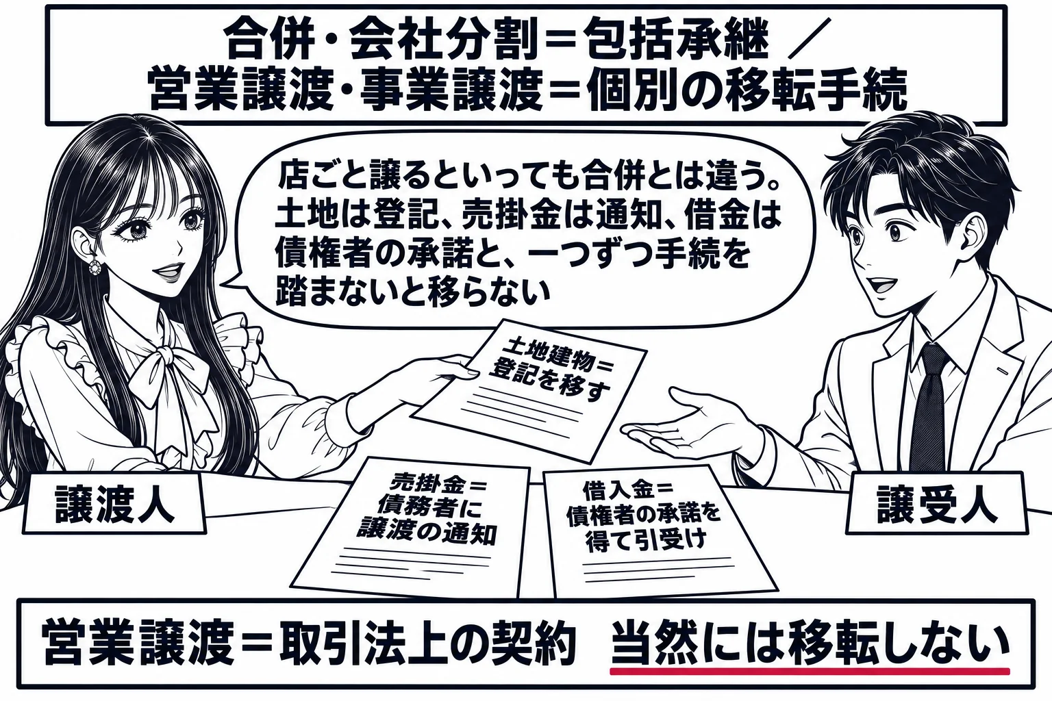 商店の引継ぎの場面。先生が譲渡人役（札「譲渡人」）で机に座り、向かいの若い男性（札「譲受人」）に書類を1枚ずつ渡している。書類は「土地建物＝登記を移す」「売掛金＝債務者に譲渡の通知」「借入金＝債権者の承諾を得て引受け」の3枚。机の端に札「営
