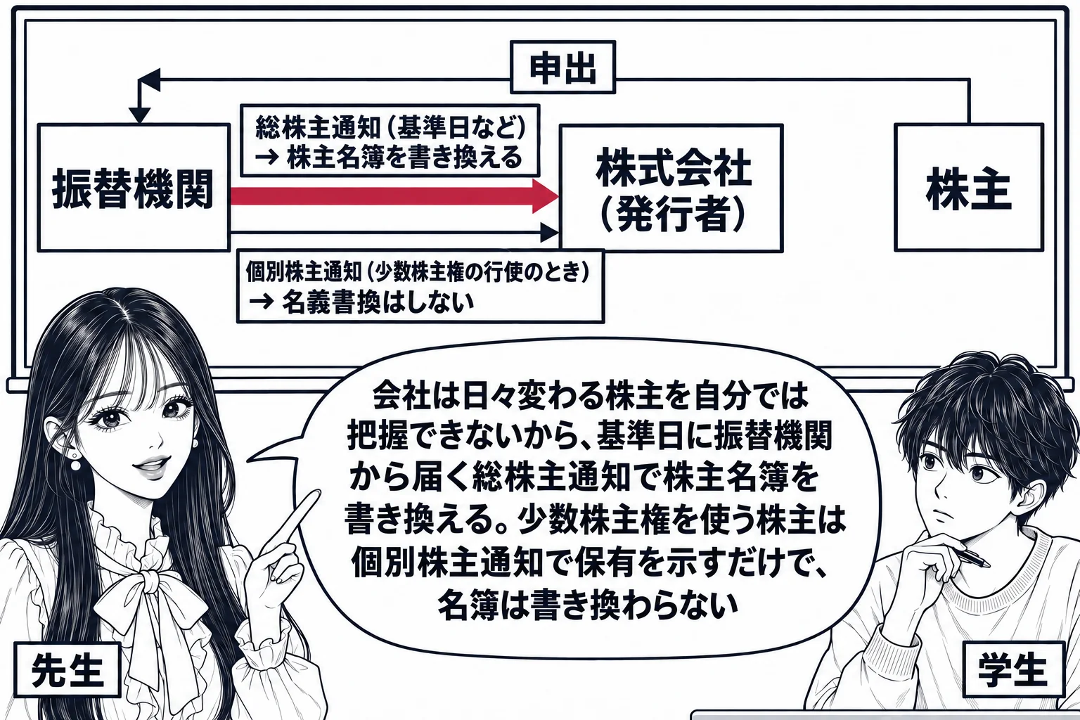教室の場面。先生が黒板の前に立ち、黒板に3つの箱を描く。左に「振替機関」、中央に「株式会社（発行者）」、右に「株主」。振替機関から会社へ太い矢印と札「総株主通知（基準日など）→ 株主名簿を書き換える」。株主から振替機関へ細い矢印と札「申出」