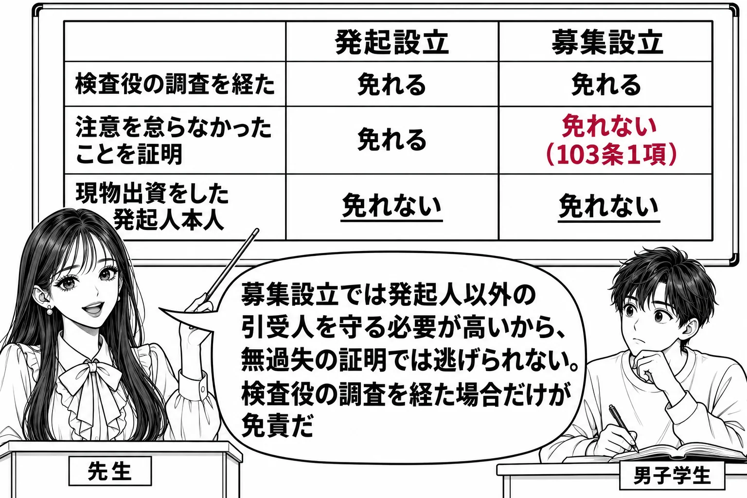 教室の場面。先生が教壇に立ち、黒板に左右2列の表を描く。列の見出しは左「発起設立」、右「募集設立」。行は上から「検査役の調査を経た」「注意を怠らなかったことを証明」「現物出資をした発起人本人」。1行目は左右とも「免れる」。2行目は左が「免れ