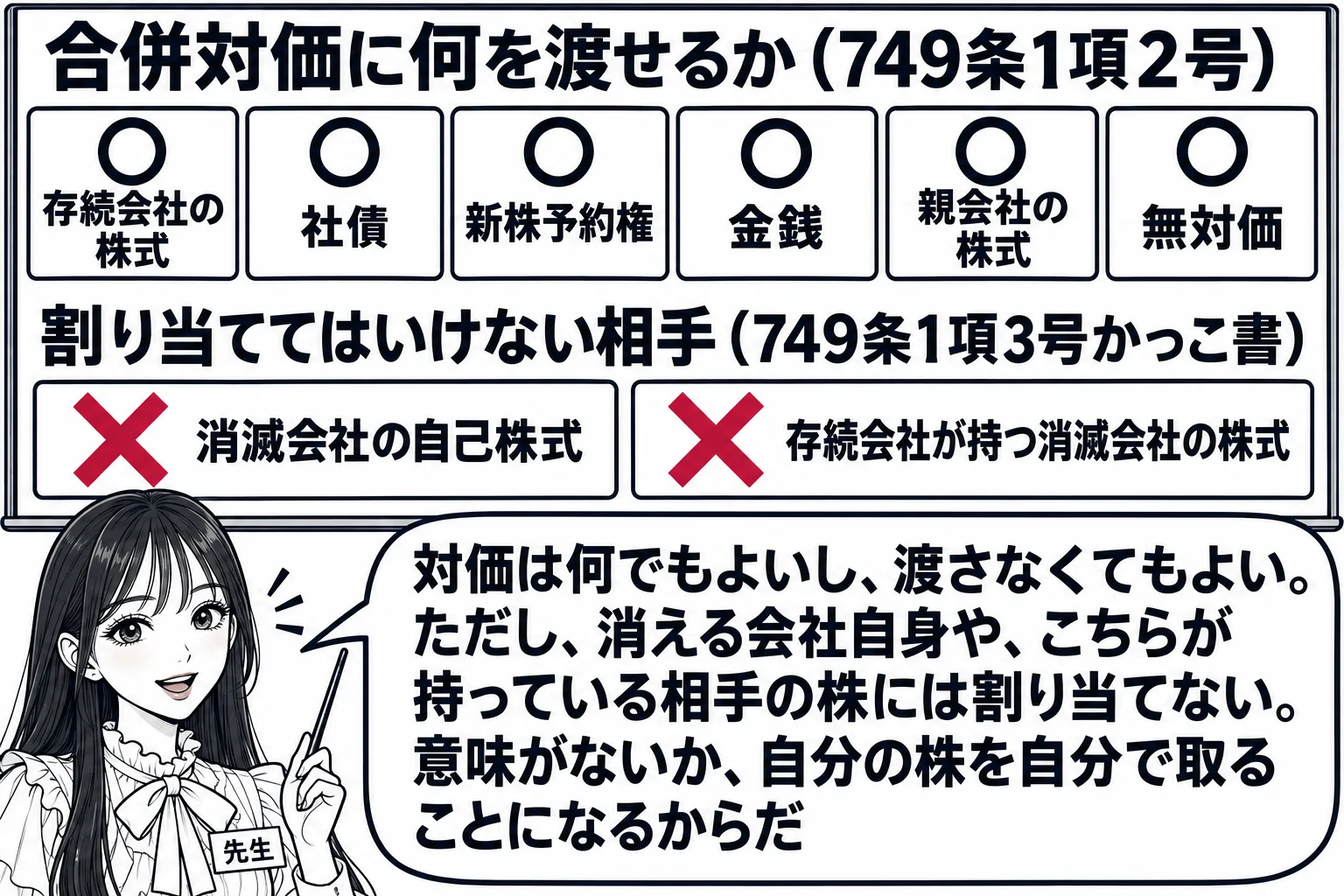 教室の場面。先生が黒板の前に立ち、黒板に見出し「合併対価に何を渡せるか（749条1項2号）」。その下に札が横に並ぶ「存続会社の株式」「社債」「新株予約権」「金銭」「親会社の株式」「無対価」、すべてに丸印。その下に別の段、見出し「割り当てては