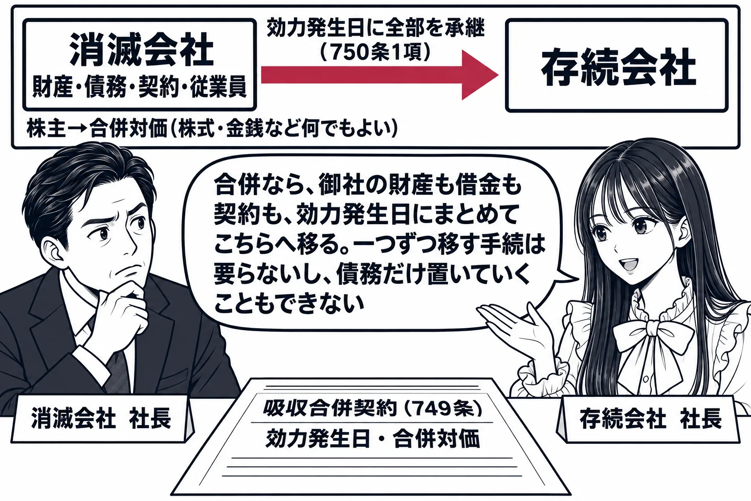 会社の会議室での商談の場面。先生が存続会社の社長役（札「存続会社　社長」）で机に座り、向かいに男性社長（札「消滅会社　社長」）。机の上に書類「吸収合併契約（749条）　効力発生日・合併対価」。壁の板書に2つの箱を矢印でつないだ図、左の箱「消