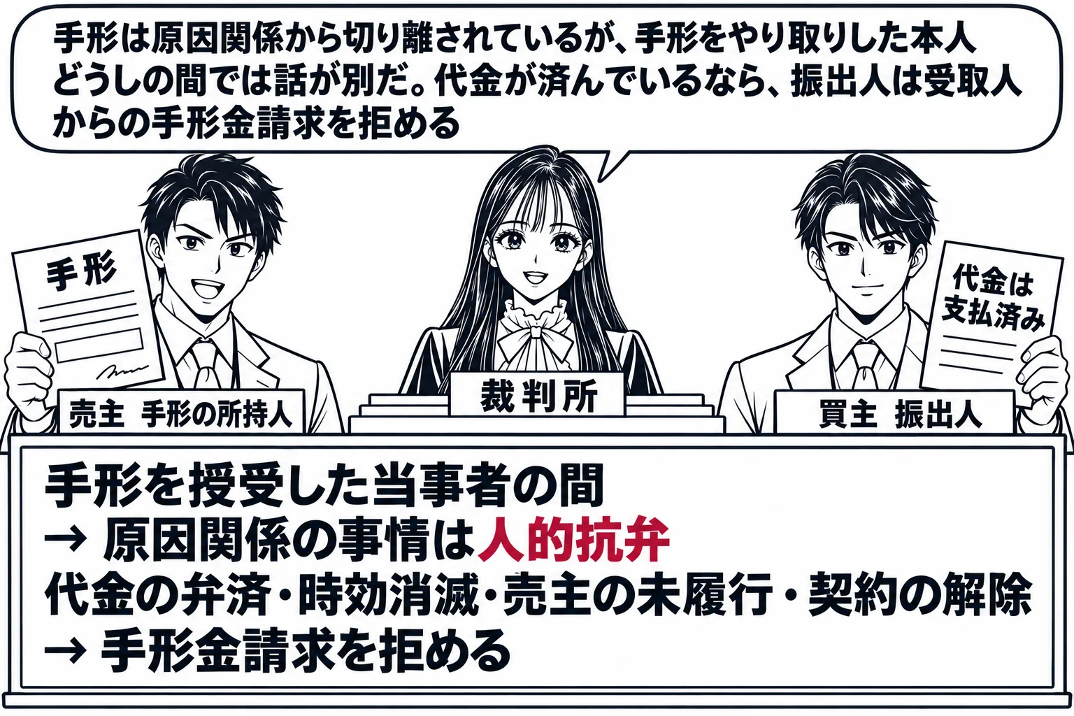 法廷の場面。先生が裁判官役（札「裁判所」）で法壇に座る。原告席に男性（札「売主　手形の所持人」）が手形を掲げ、被告席に男性（札「買主　振出人」）が「代金は支払済み」と書かれた領収書を掲げている。法壇の前の板書「手形を授受した当事者の間 → 