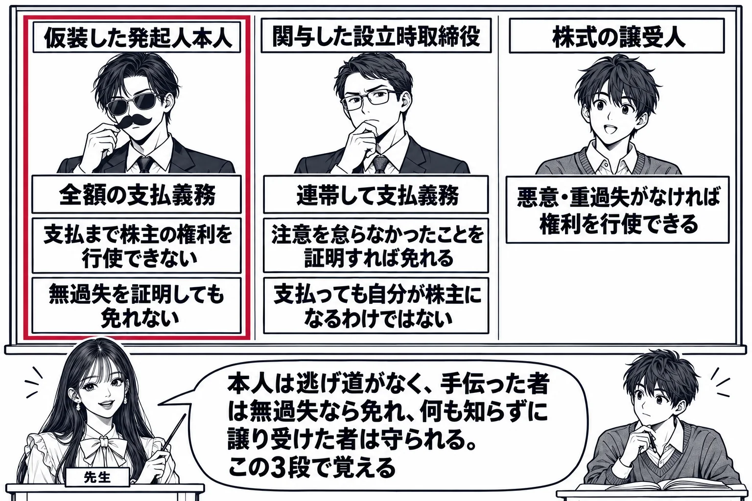 教室の場面。先生が教壇に立ち、黒板に3人の人物の絵を横に並べる。左は札「仮装した発起人本人」で、その下に「全額の支払義務」「支払まで株主の権利を行使できない」「無過失を証明しても免れない」と書かれ、全体を深紅の枠で囲む。中央は札「関与した設