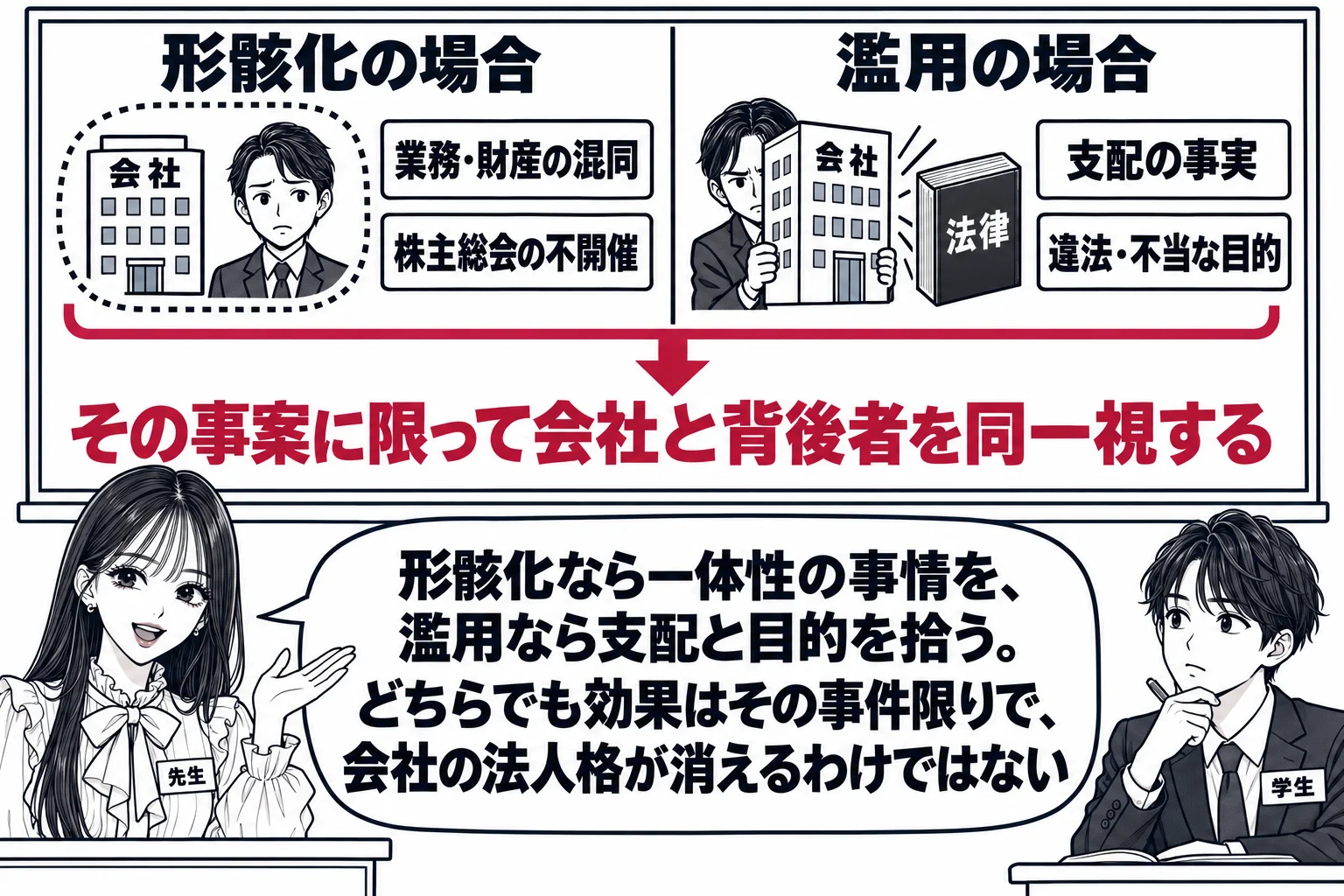 教室の場面。先生が教壇に立ち、黒板を左右に割って板書する。左の見出し「形骸化の場合」の下に、会社のビルと個人の男性の絵が一本の点線で囲まれ、札「業務・財産の混同」「株主総会の不開催」。右の見出し「濫用の場合」の下に、男性が会社のビルを盾のよ