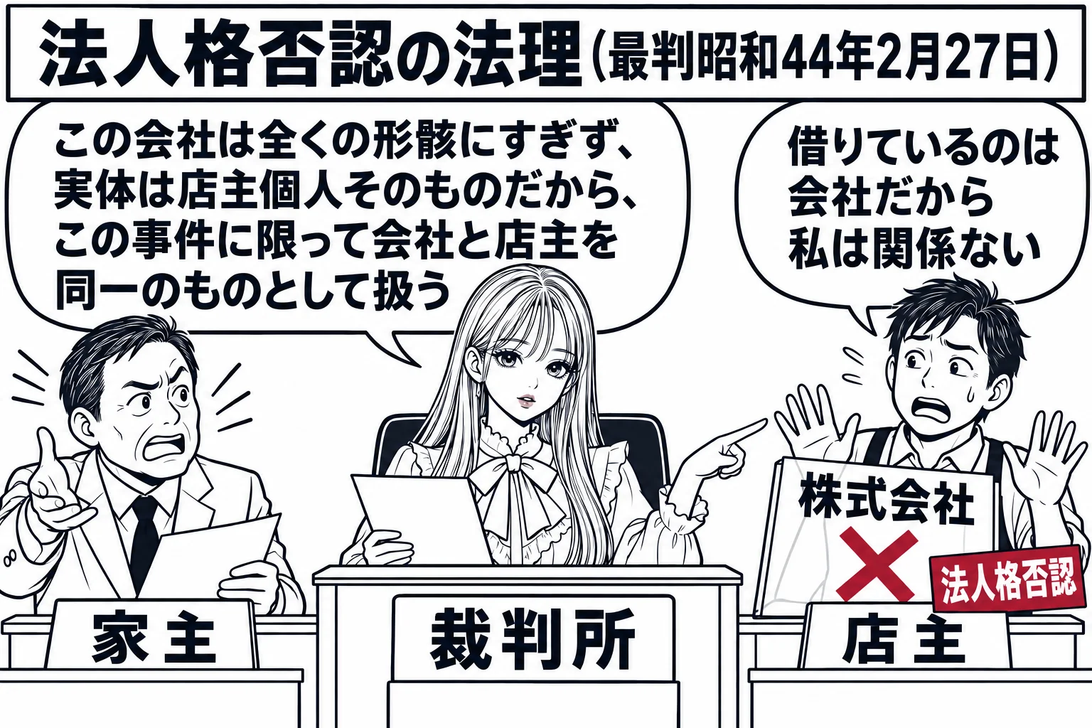 法廷の場面。先生が裁判官役（札「裁判所」）で法壇に座る。原告席に家主の男性（札「家主」）、被告席に電気店の店主の男性（札「店主」）が立ち、店主の前に段ボールの薄い板でできた会社の看板「株式会社」が立てかけてあり、看板の裏側が透けて店主本人が