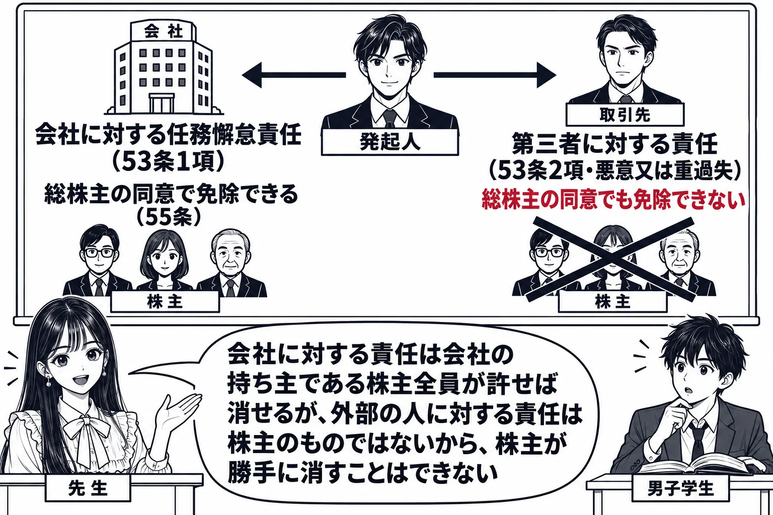 教室の場面。先生が教壇に立ち、黒板に発起人の人物の絵を中央に描き、そこから左右に矢印を伸ばす。左の矢印の先に会社のビルの絵と「会社に対する任務懈怠責任（53条1項）」、その下に「総株主の同意で免除できる（55条）」と株主たちの絵。右の矢印の