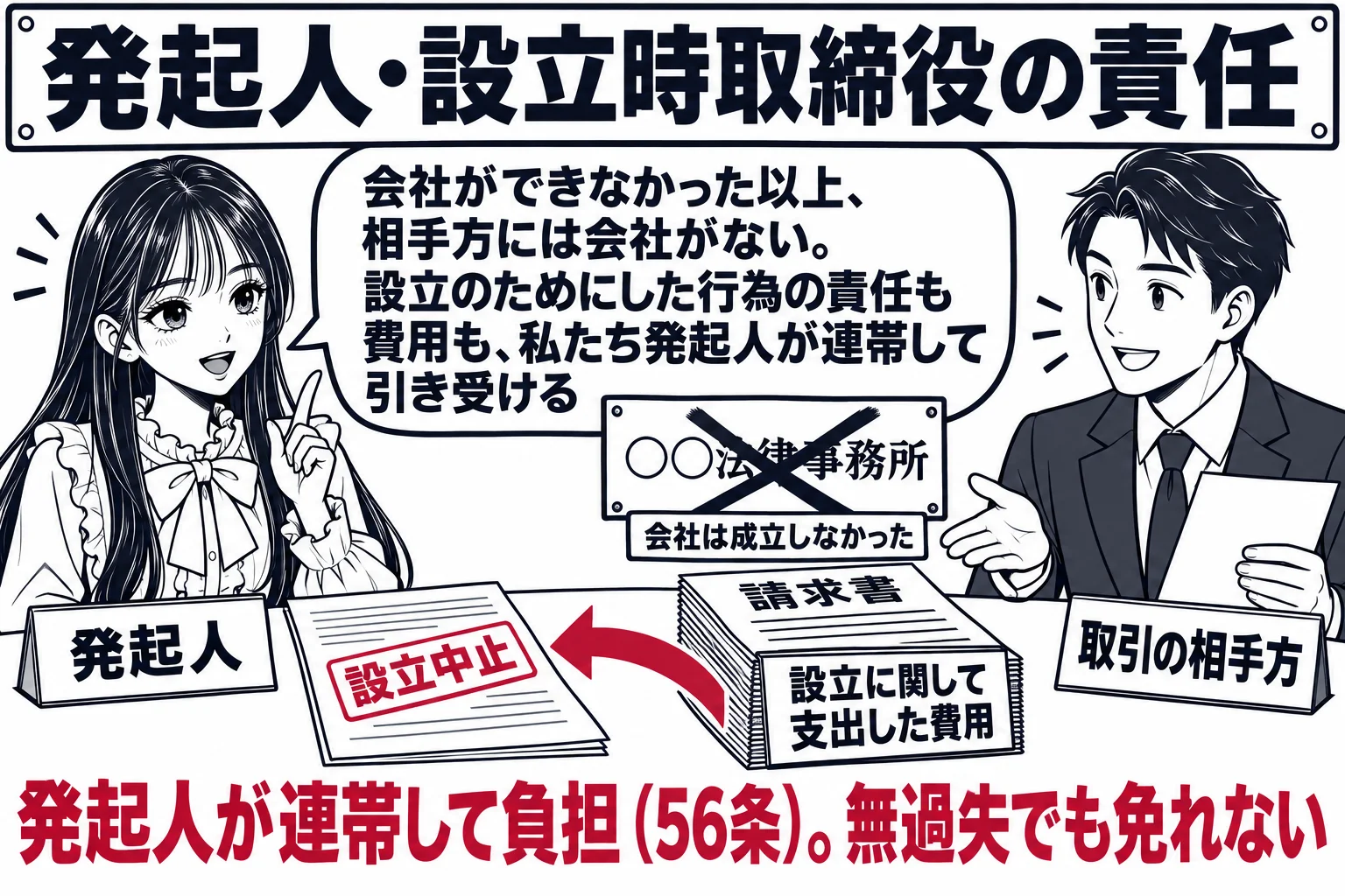 設立準備中の事務所の場面。先生が発起人役（札「発起人」）で机に向かい、机の上に「設立中止」と判を押された書類と、業者からの請求書の束（札「設立に関して支出した費用」）。向かいに業者の男性（札「取引の相手方」）が立ち、会社の看板の絵には黒の×