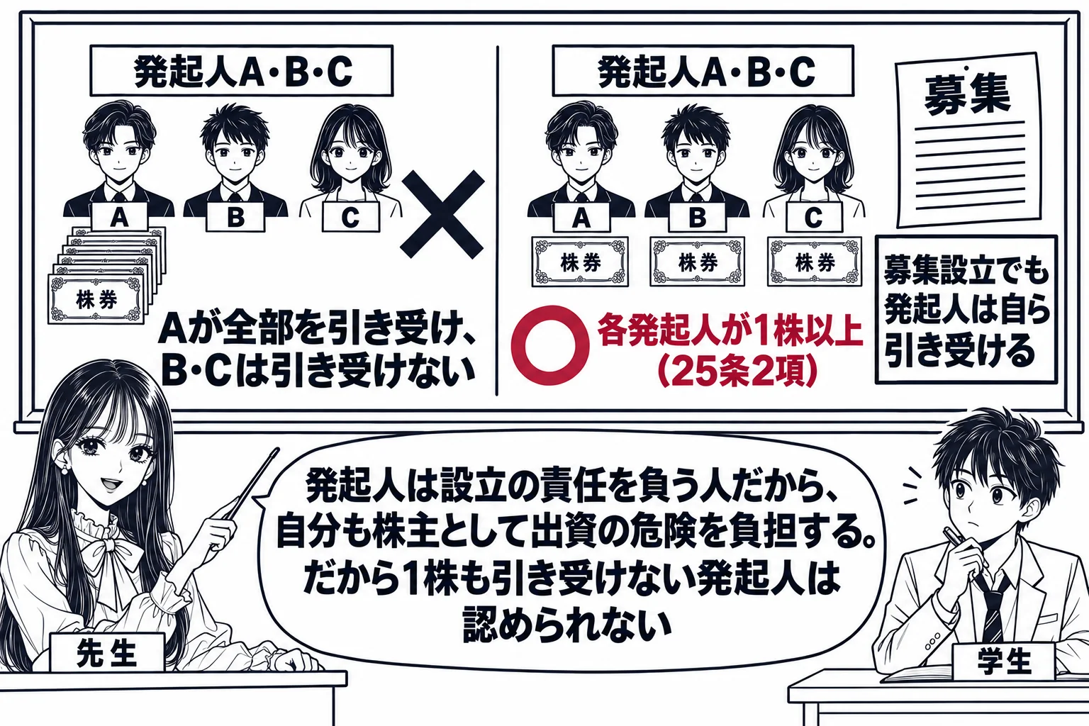 教室の場面。先生が教壇に立ち、黒板に左右2つの絵を描く。左は3人の人物の絵（札「発起人A・B・C」）で、Aの前にだけ株券の山、BとCの前は空で、全体に黒の×印と札「Aが全部を引き受け、B・Cは引き受けない」。右は同じ3人の前にそれぞれ株券が