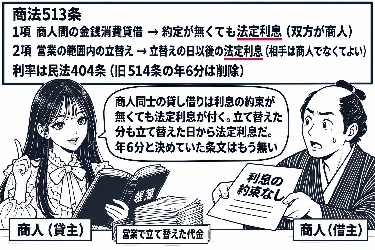 商店の帳場の場面。先生が貸主の商人役（札「商人（貸主）」）で帳簿を開き、向かいに男性の商人（札「商人（借主）」）が借用書を差し出す。借用書に「利息の約束なし」と書いてある。帳簿の横に領収書の束（札「営業で立て替えた代金」）。壁の板書「商法5