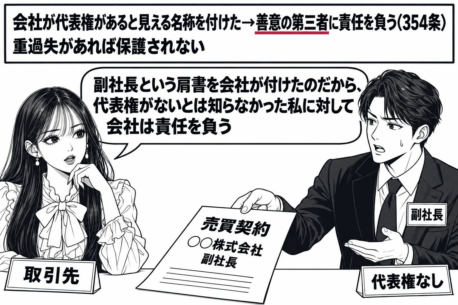 取引先との商談の場面。先生が取引先の社長役（札「取引先」）で机に座り、向かいに男性（胸に大きな名札「副社長」、足元に小さく「代表権なし」の札）が契約書を差し出している。机の上に契約書「売買契約　○○株式会社　副社長」。壁の板書「会社が代表権
