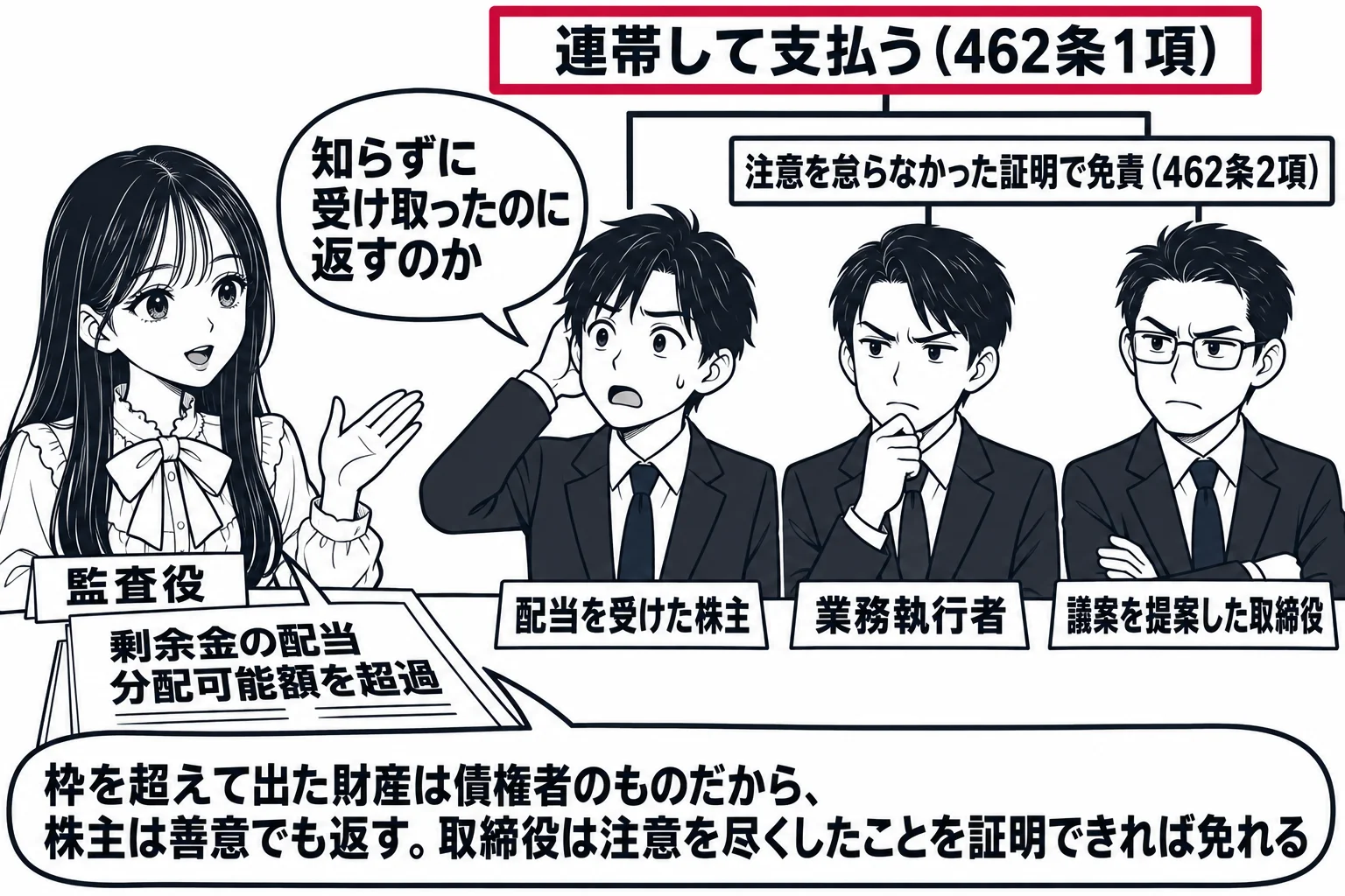 会社の会議室の場面。先生が監査役役（札「監査役」）で机に座り、机の上に書類「剰余金の配当　分配可能額を超過」。向かいに3人の男性が並んで立ち、左から札「配当を受けた株主」「業務執行者」「議案を提案した取締役」。3人の上に横一本の線で結んだ札