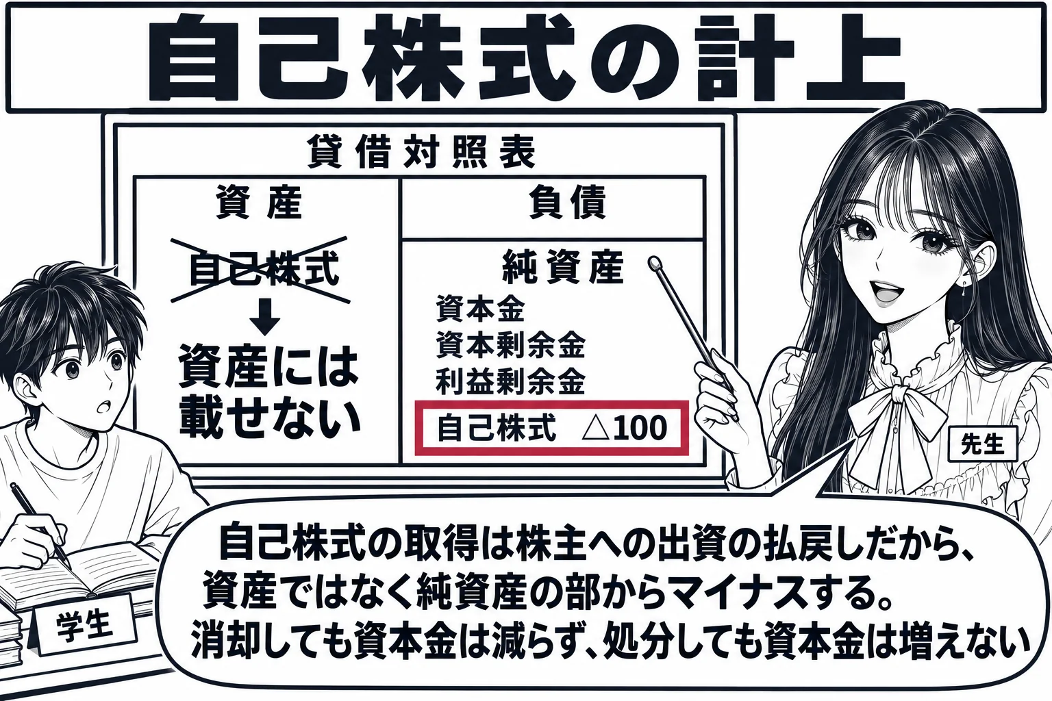 教室の場面。先生が黒板の前に立ち、黒板に貸借対照表の箱を描く。左に「資産」、右上に「負債」、右下に「純資産」。純資産の中に行が並び「資本金」「資本剰余金」「利益剰余金」「自己株式 △100」。「自己株式 △100」の行を深紅の枠で囲む。資産