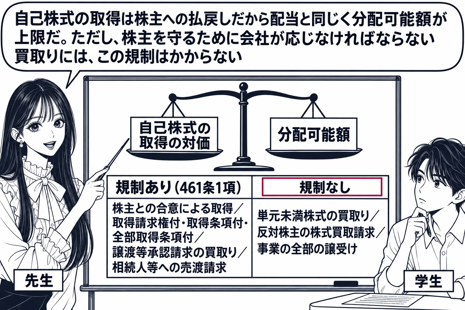 教室の場面。先生が黒板の前に立ち、黒板に天秤の絵を描く。左の皿に札「自己株式の取得の対価」、右の皿に札「分配可能額」。天秤の下に2列の表。左の列の見出し「規制あり（461条1項）」と文字「株主との合意による取得／取得請求権付・取得条項付・全