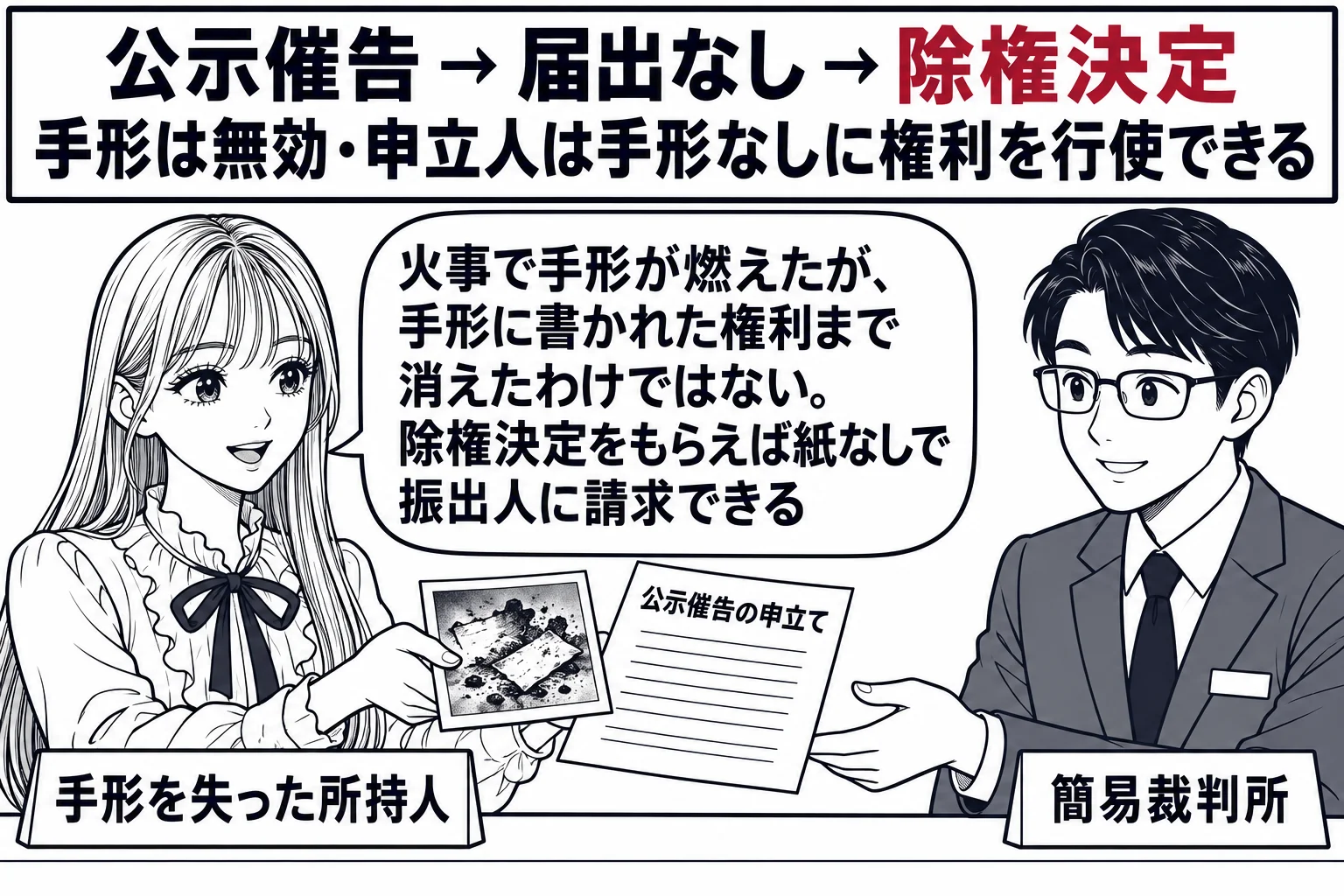 簡易裁判所の窓口の場面。先生が申立人役（札「手形を失った所持人」）で、焼け焦げた紙片の写真と申立書「公示催告の申立て」を窓口の男性職員（札「簡易裁判所」）に差し出している。窓口の掲示「公示催告 → 届出なし → 除権決定　手形は無効・申立人