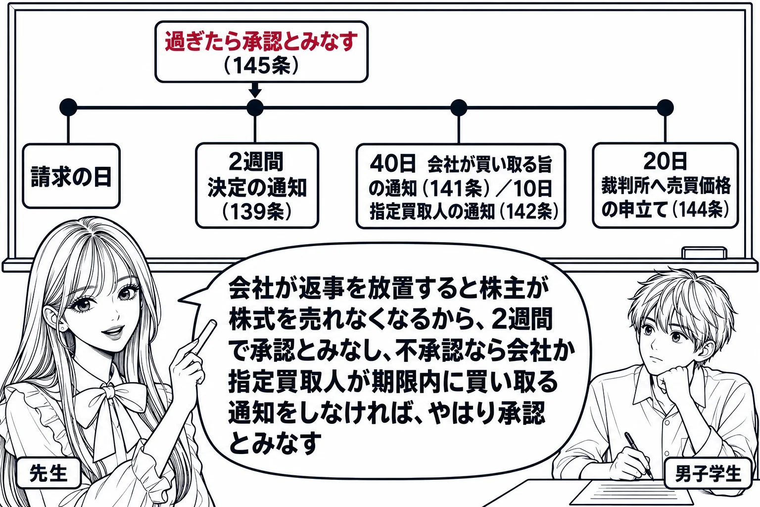教室の場面。先生が黒板の前に立ち、黒板に横一本の時間の線を描く。線の上に左から目盛りと札「請求の日」「2週間　決定の通知（139条）」「40日　会社が買い取る旨の通知（141条）／10日　指定買取人の通知（142条）」「20日　裁判所へ売買