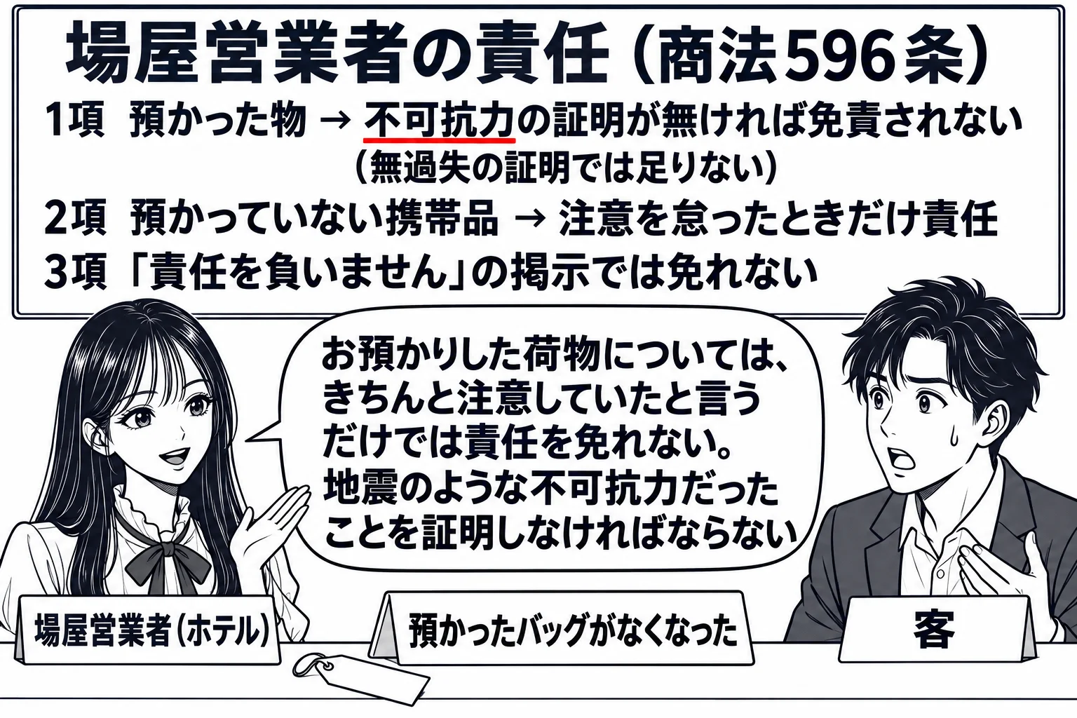 ホテルのフロントの場面。先生がフロント係役（札「場屋営業者（ホテル）」）でカウンターに立ち、カウンターの上に空の預かり札（札「預かったバッグがなくなった」）。向かいに男性の宿泊客（札「客」）。壁の板書「場屋営業者の責任（商法596条）　1項