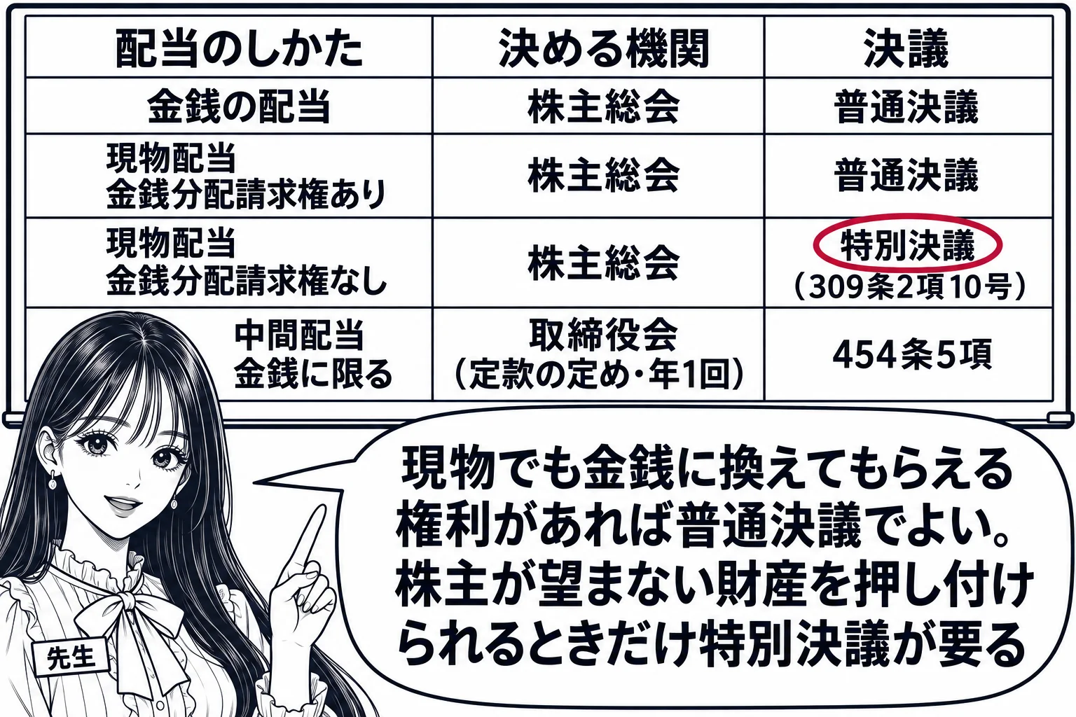教室の場面。先生が黒板の前に立ち、黒板に3列の表。見出しは「配当のしかた」「決める機関」「決議」。行は上から「金銭の配当｜株主総会｜普通決議」「現物配当　金銭分配請求権あり｜株主総会｜普通決議」「現物配当　金銭分配請求権なし｜株主総会｜特別