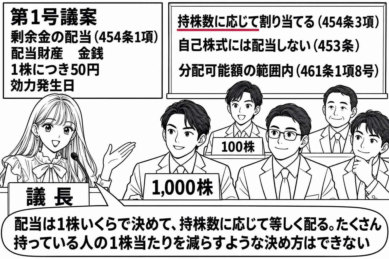 株主総会の会場の場面。先生が議長役（札「議長」）で壇上に立ち、壇上の掲示に「第1号議案　剰余金の配当（454条1項）　配当財産　金銭　1株につき50円　効力発生日」。会場に株主の男性が数人座り、前列の男性の札「1,000株」、後列の男性の札