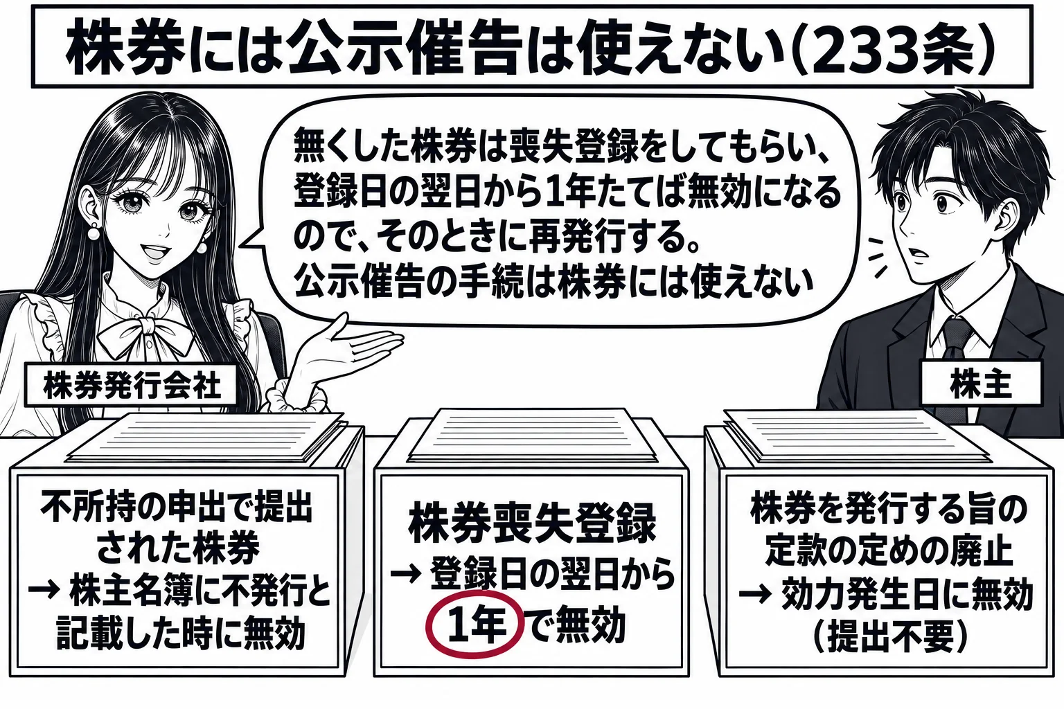 会社の総務部の場面。先生が会社の担当者役（札「株券発行会社」）で机に座り、机の上に3つの書類箱。左の箱の札「不所持の申出で提出された株券　→ 株主名簿に不発行と記載した時に無効」、中央の箱の札「株券喪失登録　→ 登録日の翌日から1年で無効」