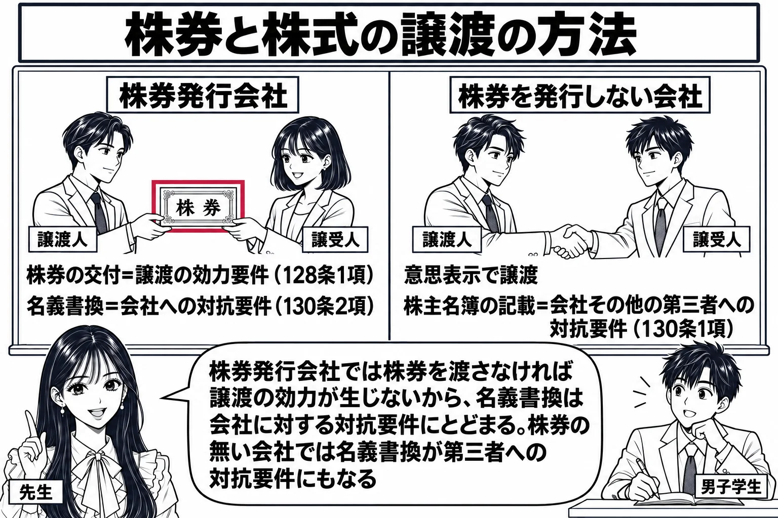 教室の場面。先生が黒板の前に立ち、黒板を左右に割る。左に札「株券発行会社」、その下に2人の人物の絵が株券を手渡しする様子と文字「株券の交付＝譲渡の効力要件（128条1項）」「名義書換＝会社への対抗要件（130条2項）」。右に札「株券を発行し