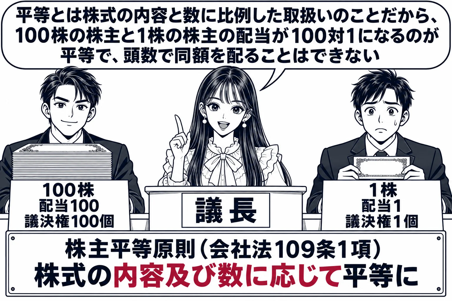 株主総会の会場の場面。先生が議長役（札「議長」）で演台に立ち、客席に2人の男性株主が座る。左の株主の前に株券の絵が100枚重なり札「100株　配当100　議決権100個」、右の株主の前に株券1枚と札「1株　配当1　議決権1個」。演台の前に看