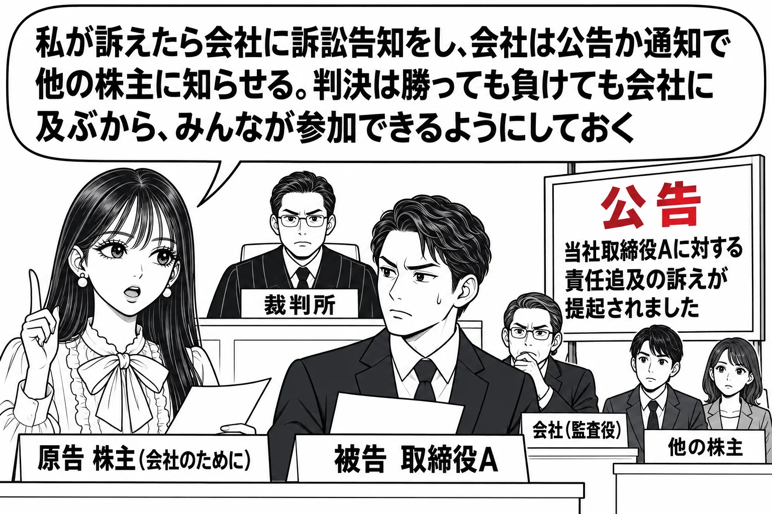 法廷の場面。原告席に先生が株主役（札「原告 株主（会社のために）」）で立ち、被告席に男性取締役（札「被告 取締役A」）。傍聴席に男性の監査役（札「会社（監査役）」）と株主数人（札「他の株主」）が座り、入口の掲示板に「公告 当社取締役Aに対す
