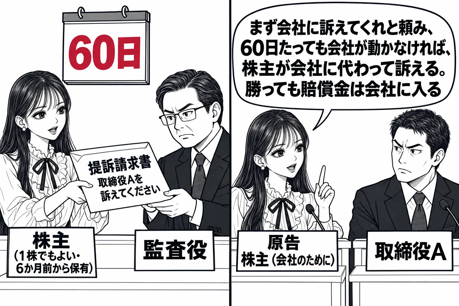 会社の受付と法廷を左右に並べた場面。左は会社の受付で、先生が株主役（札「株主（1株でもよい・6か月前から保有）」）で封筒「提訴請求書 取締役Aを訴えてください」を男性監査役（札「監査役」）に渡している。受付の上の壁掛けカレンダーに「60日」