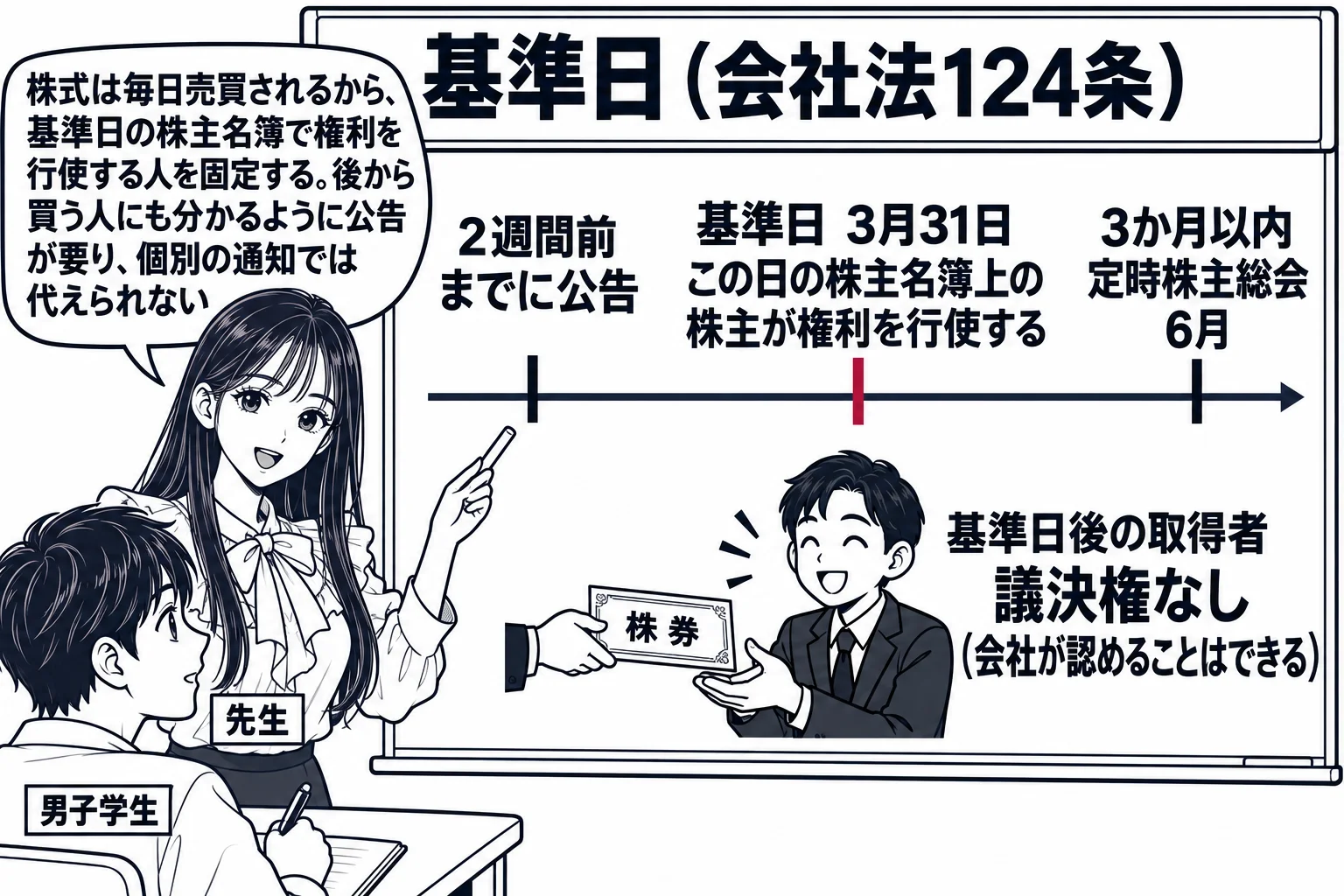 教室の場面。先生が黒板の前に立ち、黒板に横一本の時間の線を描く。線の上に左から目盛りと札「2週間前までに公告」「基準日 3月31日　この日の株主名簿上の株主が権利を行使する」「3か月以内　定時株主総会 6月」。「基準日」の目盛りを深紅の縦線