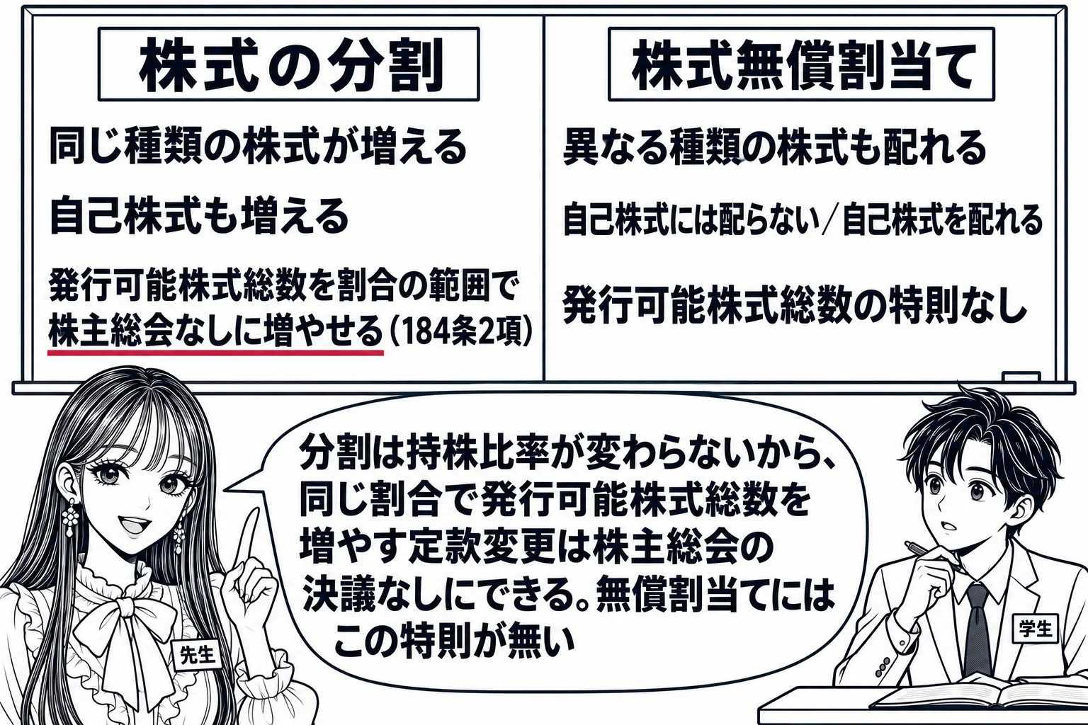 教室の場面。先生が黒板の前に立ち、黒板を左右に割る。左に札「株式の分割」とその下に「同じ種類の株式が増える」「自己株式も増える」「発行可能株式総数を割合の範囲で株主総会なしに増やせる（184条2項）」。右に札「株式無償割当て」とその下に「異