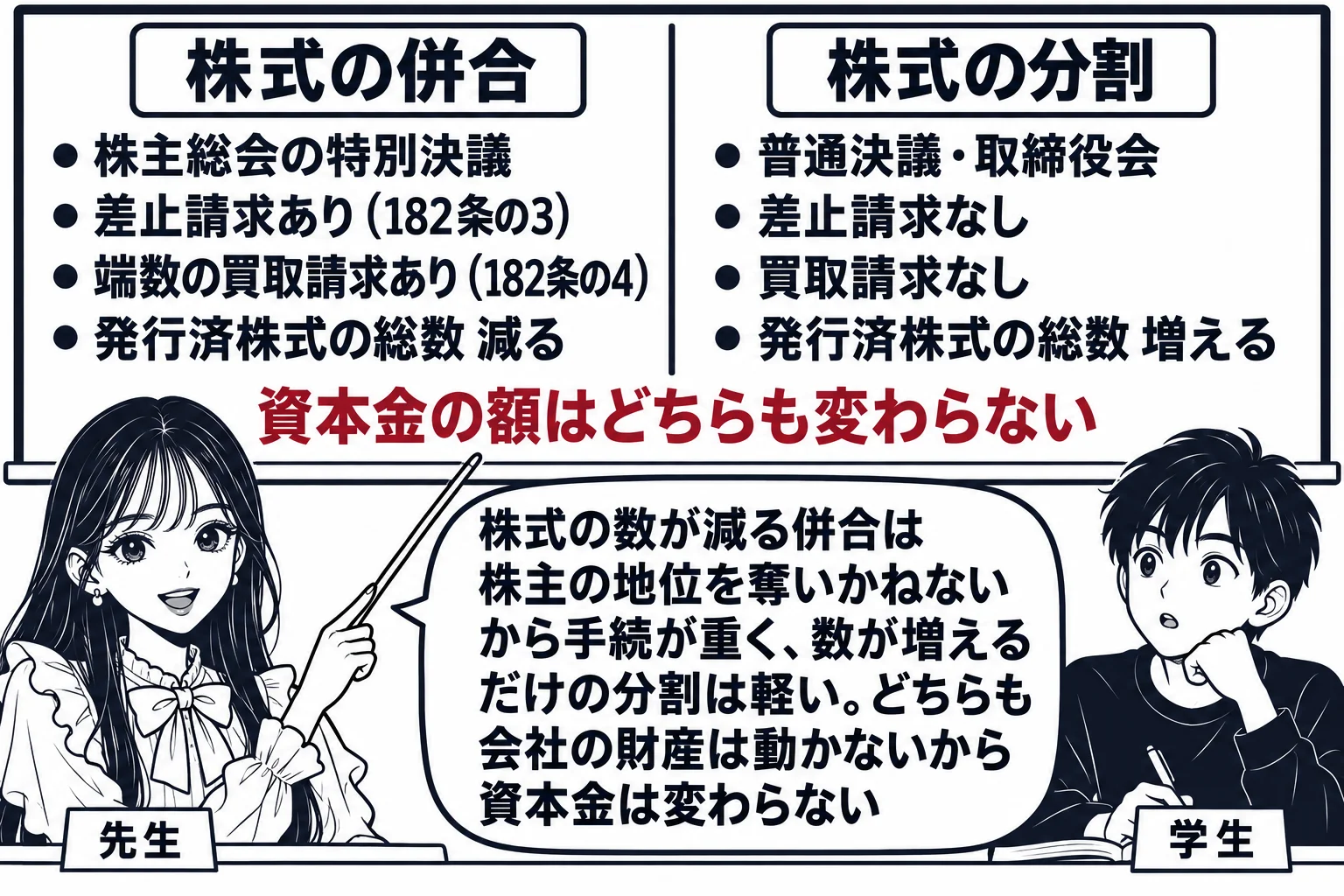 教室の場面。先生が黒板の前に立ち、黒板を左右に割る。左に札「株式の併合」とその下に「株主総会の特別決議」「差止請求あり（182条の3）」「端数の買取請求あり（182条の4）」「発行済株式の総数 減る」。右に札「株式の分割」とその下に「普通決