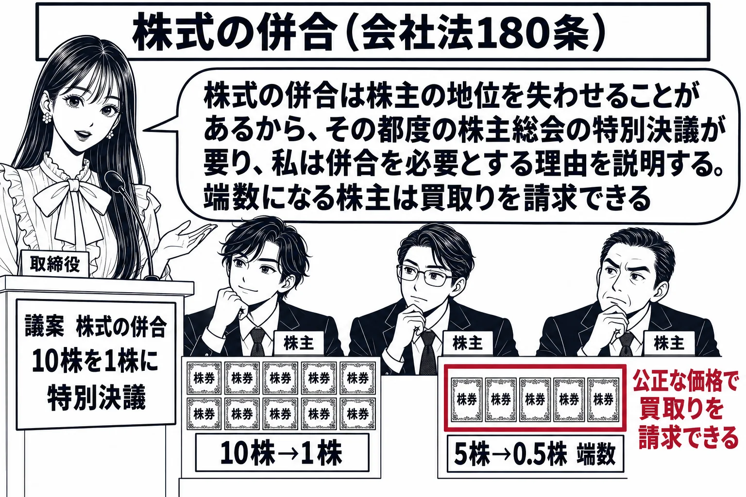 株主総会の会場の場面。先生が議長役（札「取締役」）で演台に立ち、演台の前に札「議案　株式の併合　10株を1株に　特別決議」。客席に男性株主が3人座り、左の株主の前に株券10枚と札「10株→1株」、右端の株主の前に株券5枚と札「5株→0.5株