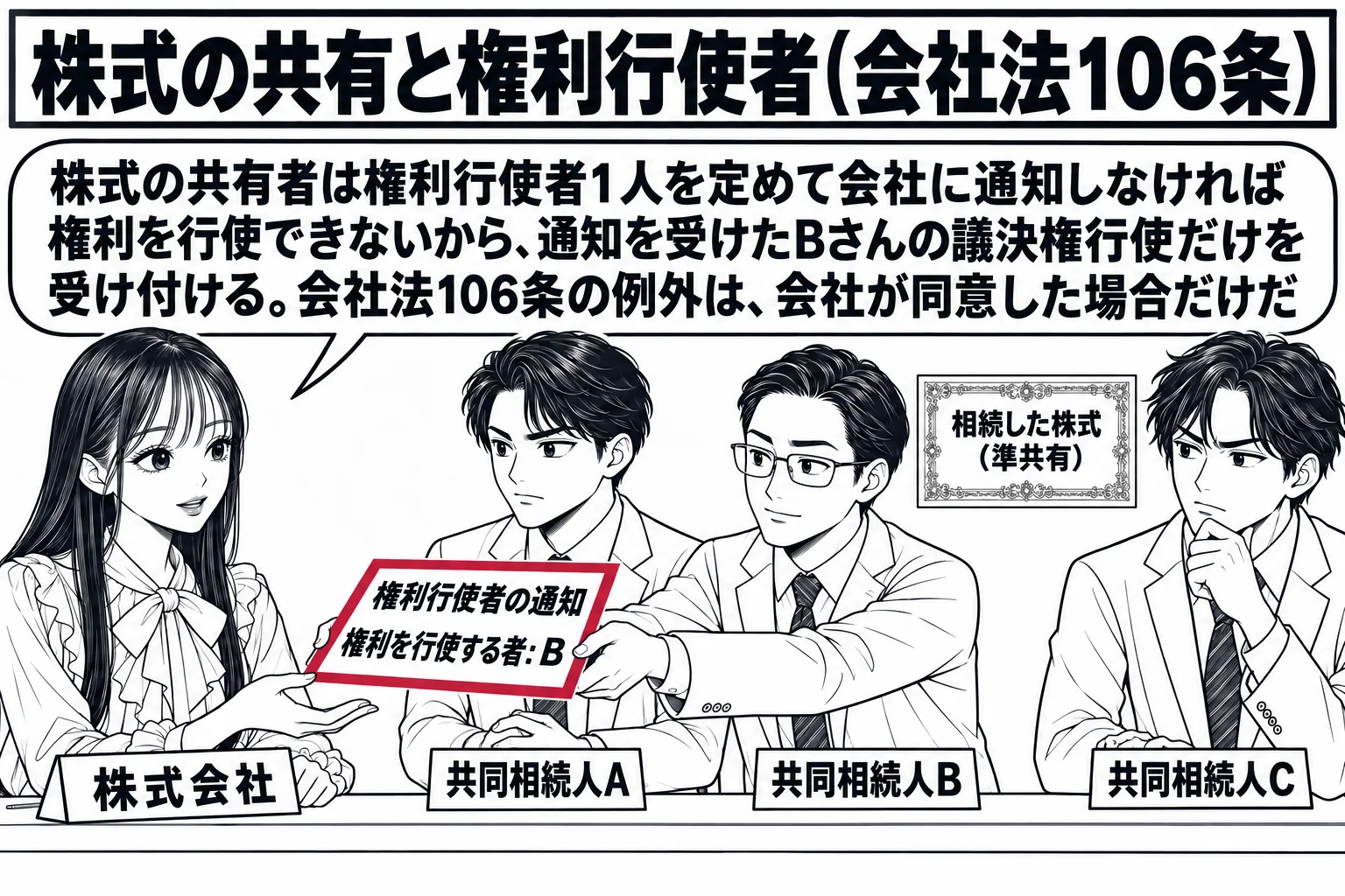 株主総会の受付の場面。先生が会社の受付係役（札「株式会社」）でカウンターに座り、向かいに3人の男性（札「共同相続人A」「共同相続人B」「共同相続人C」）が並ぶ。3人の間に株券の絵が1枚だけ浮かび札「相続した株式（準共有）」。真ん中のBが書面