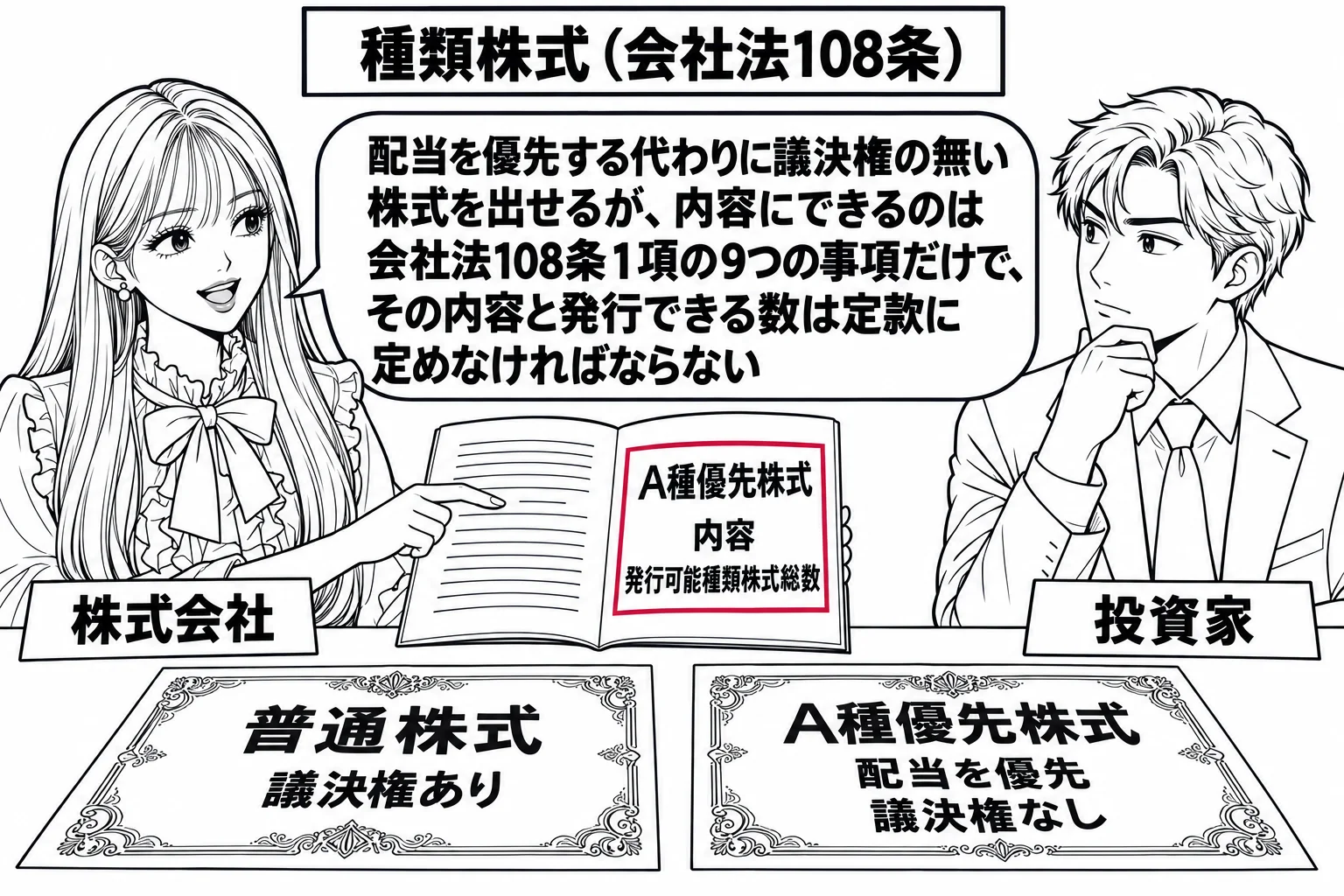 会社の会議室で投資家と商談する場面。先生が会社の社長役（札「株式会社」）でテーブルに座り、向かいに男性投資家（札「投資家」）。テーブルの上に株券の絵が2種類並び、左の株券に札「普通株式　議決権あり」、右の株券に札「A種優先株式　配当を優先　
