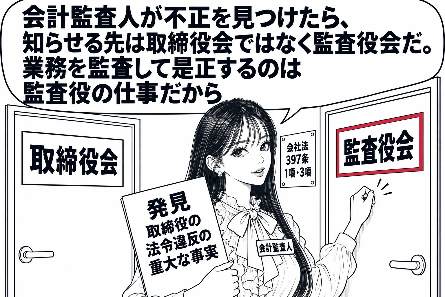 会社の廊下の場面。先生が会計監査人役（札「会計監査人」）で、手に書類「発見 取締役の法令違反の重大な事実」を持ち、「監査役会」と看板のある部屋のドアをノックしている。廊下の反対側に「取締役会」と看板のある部屋があり、先生はそちらに背を向けて