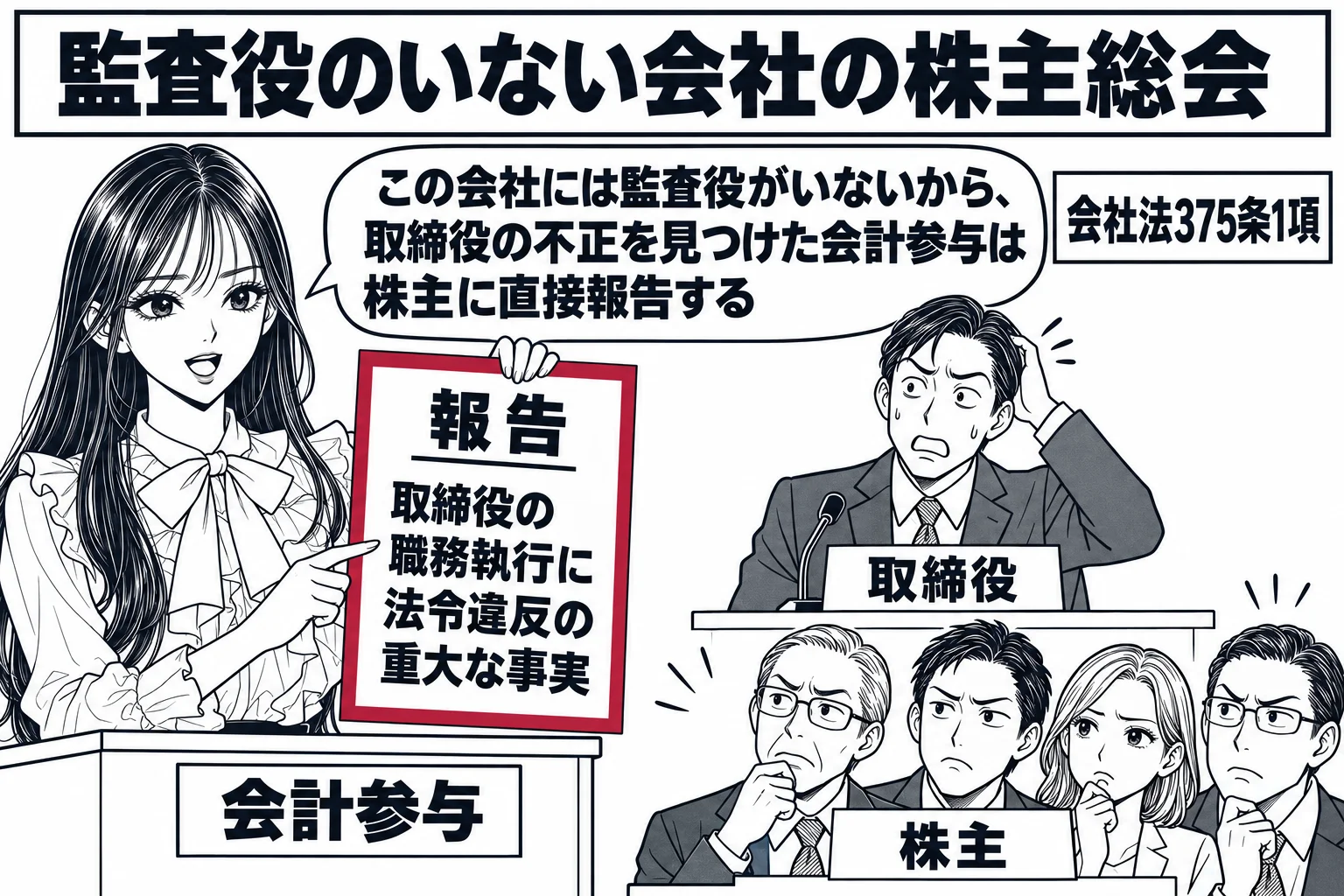 小さな会社の株主総会の場面。先生が会計参与役（札「会計参与」）で壇の脇に立ち、手に書類「報告 取締役の職務執行に法令違反の重大な事実」を掲げて客席の株主たちに向かって話している。壇上の男性取締役（札「取締役」）は困った顔。会場の看板「監査役