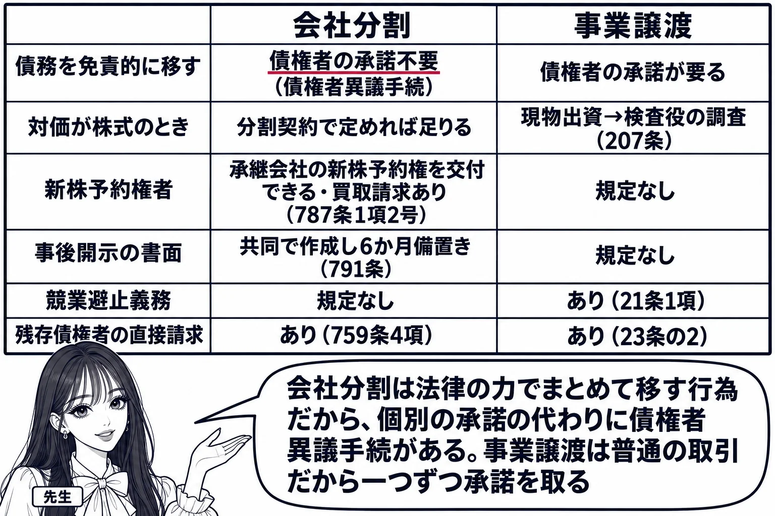教室の場面。先生が黒板の前に立ち、黒板に2列の表。左列の見出し「会社分割」、右列の見出し「事業譲渡」。行は上から「債務を免責的に移す｜債権者の承諾不要（債権者異議手続）｜債権者の承諾が要る」「対価が株式のとき｜分割契約で定めれば足りる｜現物