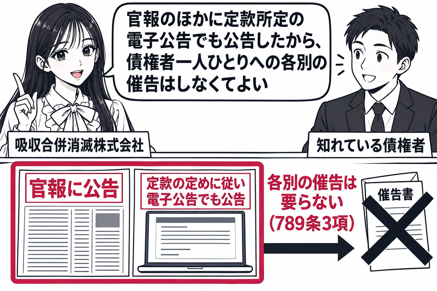 銀行の窓口の場面。先生が消滅会社の担当者役（札「吸収合併消滅株式会社」）で窓口に立ち、窓口の向こうに銀行員の男性（札「知れている債権者」）。先生の手元に2枚の紙、1枚は官報の切り抜きで札「官報に公告」、もう1枚はパソコン画面の印刷で札「定款