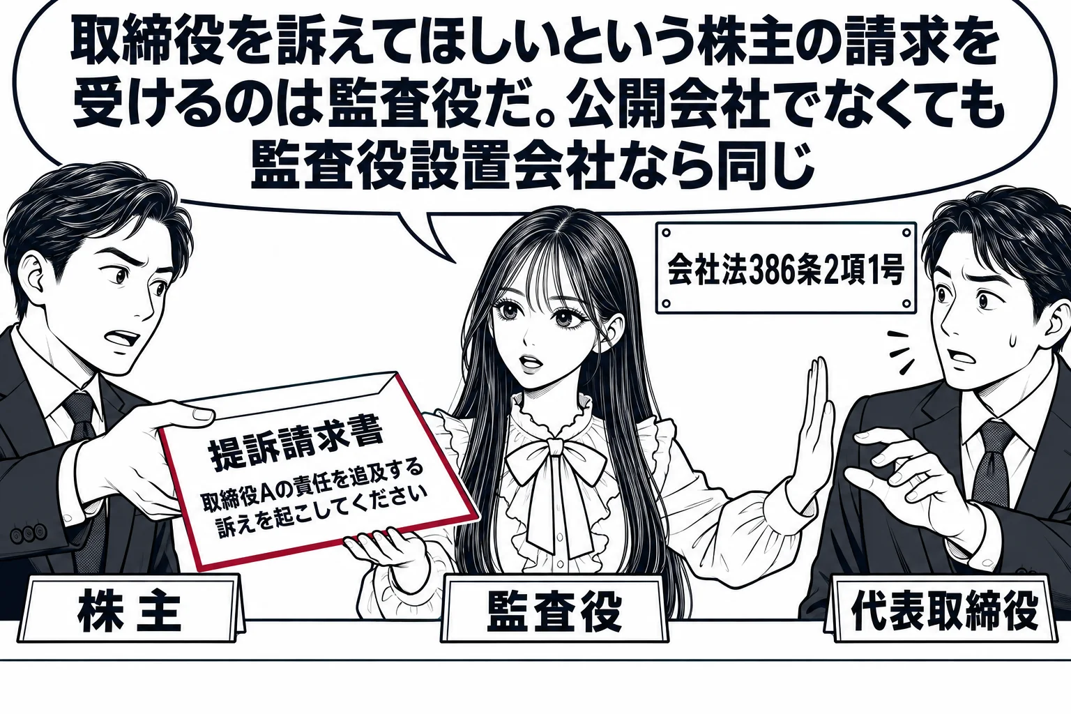 会社の受付の場面。男性株主（札「株主」）が封筒「提訴請求書 取締役Aの責任を追及する訴えを起こしてください」を差し出している。受付の奥に、先生が監査役役（札「監査役」）で手を挙げて受け取ろうとしており、その横で男性の代表取締役（札「代表取締