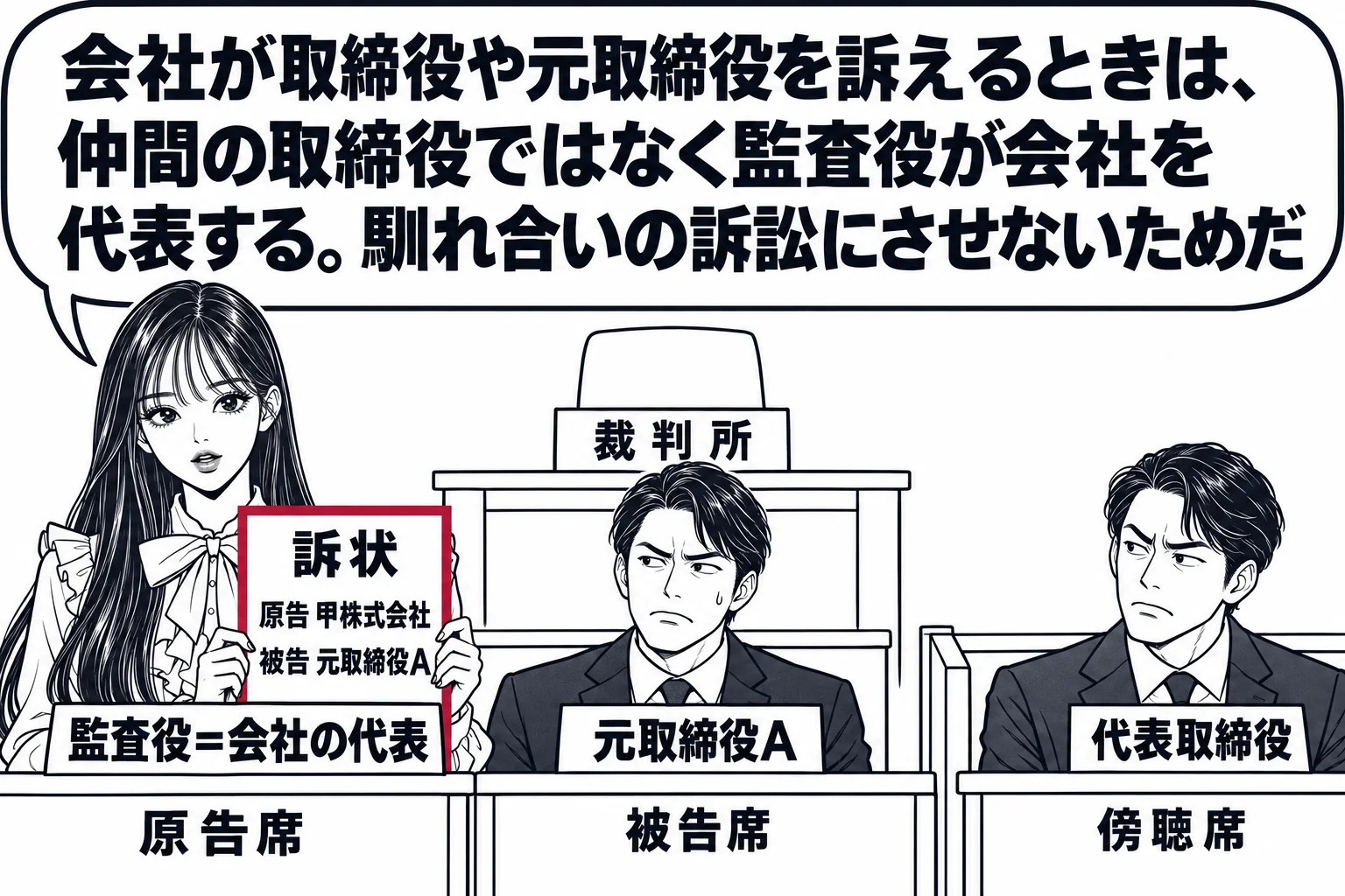 法廷の場面。原告席に先生が監査役役（札「監査役＝会社の代表」）で立ち、手に訴状「訴状 原告 甲株式会社 被告 元取締役A」を持つ。被告席に男性の元取締役（札「元取締役A」）が座る。傍聴席に男性の代表取締役（札「代表取締役」）が座っていて、原