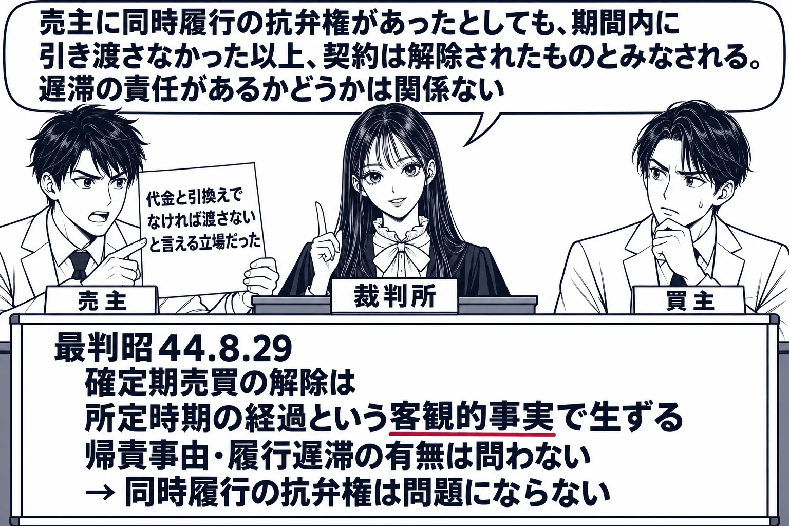 法廷の場面。先生が裁判官役（札「裁判所」）で法壇に座る。原告席に男性（札「売主」）が「代金と引換えでなければ渡さないと言える立場だった」と書いた紙を掲げ、被告席に男性（札「買主」）。法壇の前の板書「最判昭44.8.29　確定期売買の解除は 