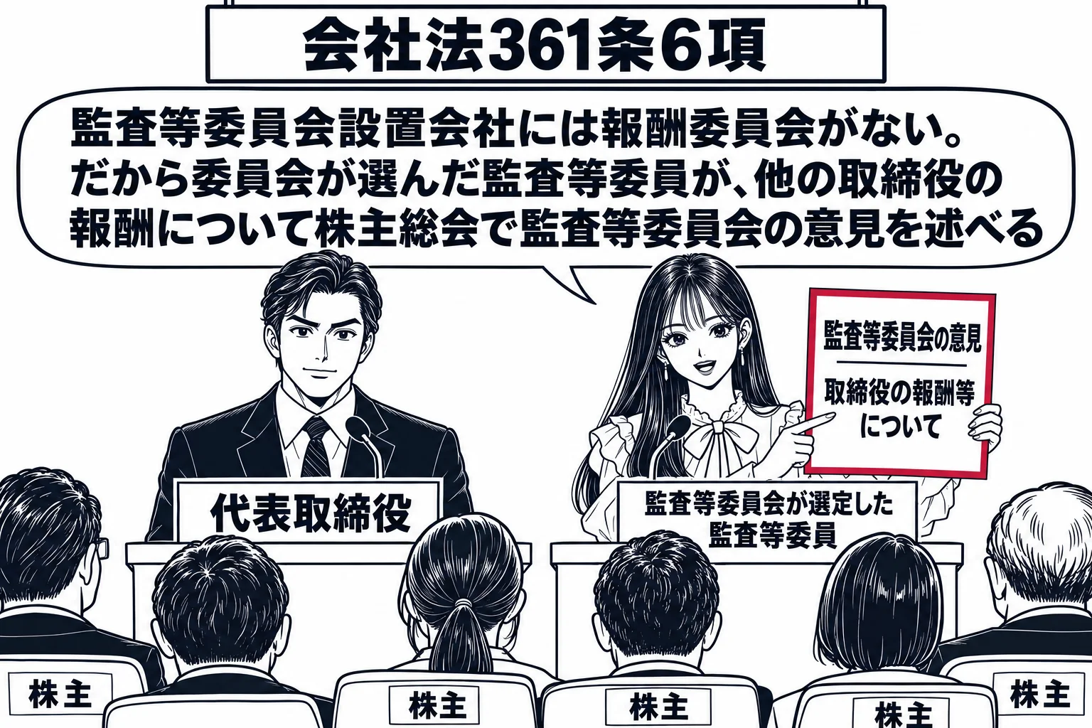株主総会の会場の場面。壇上に男性の代表取締役（札「代表取締役」）が立ち、横の演台に先生が監査等委員役（札「監査等委員会が選定した監査等委員」）で立って手に書類「監査等委員会の意見 取締役の報酬等について」を持ち、客席の株主たちに向かって話し