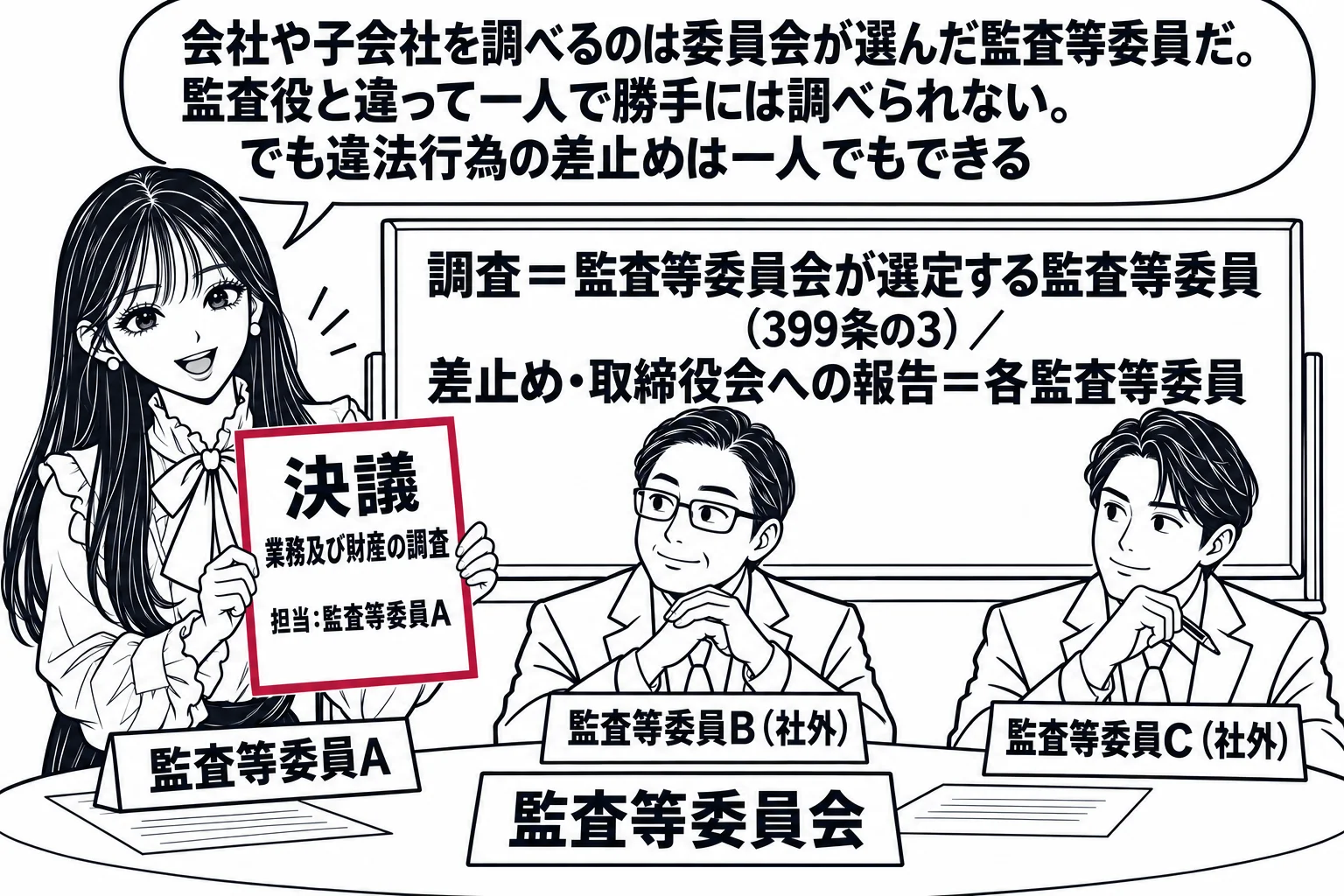 監査等委員会の会議室の場面。丸机に先生（札「監査等委員A」）と男性の監査等委員2人（札「監査等委員B（社外）」「監査等委員C（社外）」）が座り、机の中央に札「監査等委員会」。机の上に書類「決議 業務及び財産の調査 担当：監査等委員A」があり
