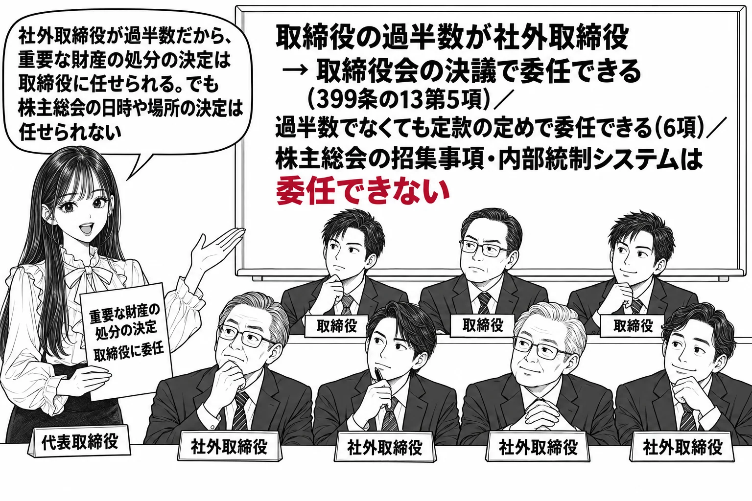 取締役会の会議室の場面。長机に男性取締役7人が座り、そのうち4人の前に札「社外取締役」。先生が代表取締役役（札「代表取締役」）で立ち、書類「重要な財産の処分の決定 取締役に委任」を掲げている。壁のホワイトボードに「取締役の過半数が社外取締役