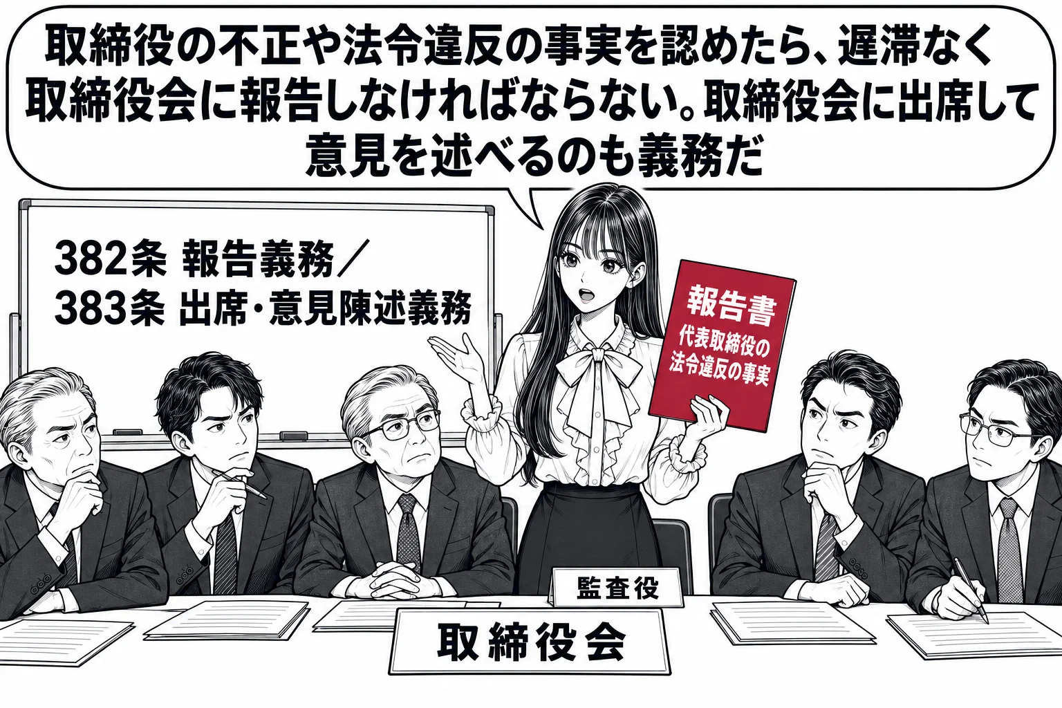 取締役会の会議室の場面。長机に男性取締役が5人座り、机の上に札「取締役会」。先生が監査役役（札「監査役」）で末席に座らず立ち上がって発言している。手に書類「報告書 代表取締役の法令違反の事実」。先生の吹き出し「取締役の不正や法令違反の事実を