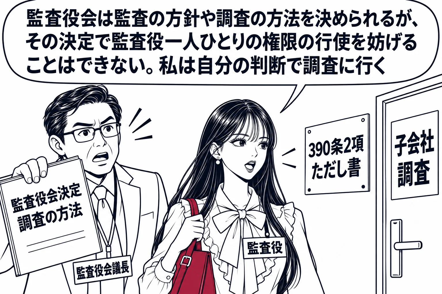会社の廊下の場面。先生が監査役役（札「監査役」）で鞄を持って子会社へ向かうドア（看板「子会社 調査」）へ歩いている。後ろで男性監査役（札「監査役会議長」）が紙「監査役会決定 調査の方法」を掲げて呼び止めている。先生の吹き出し「監査役会は監査