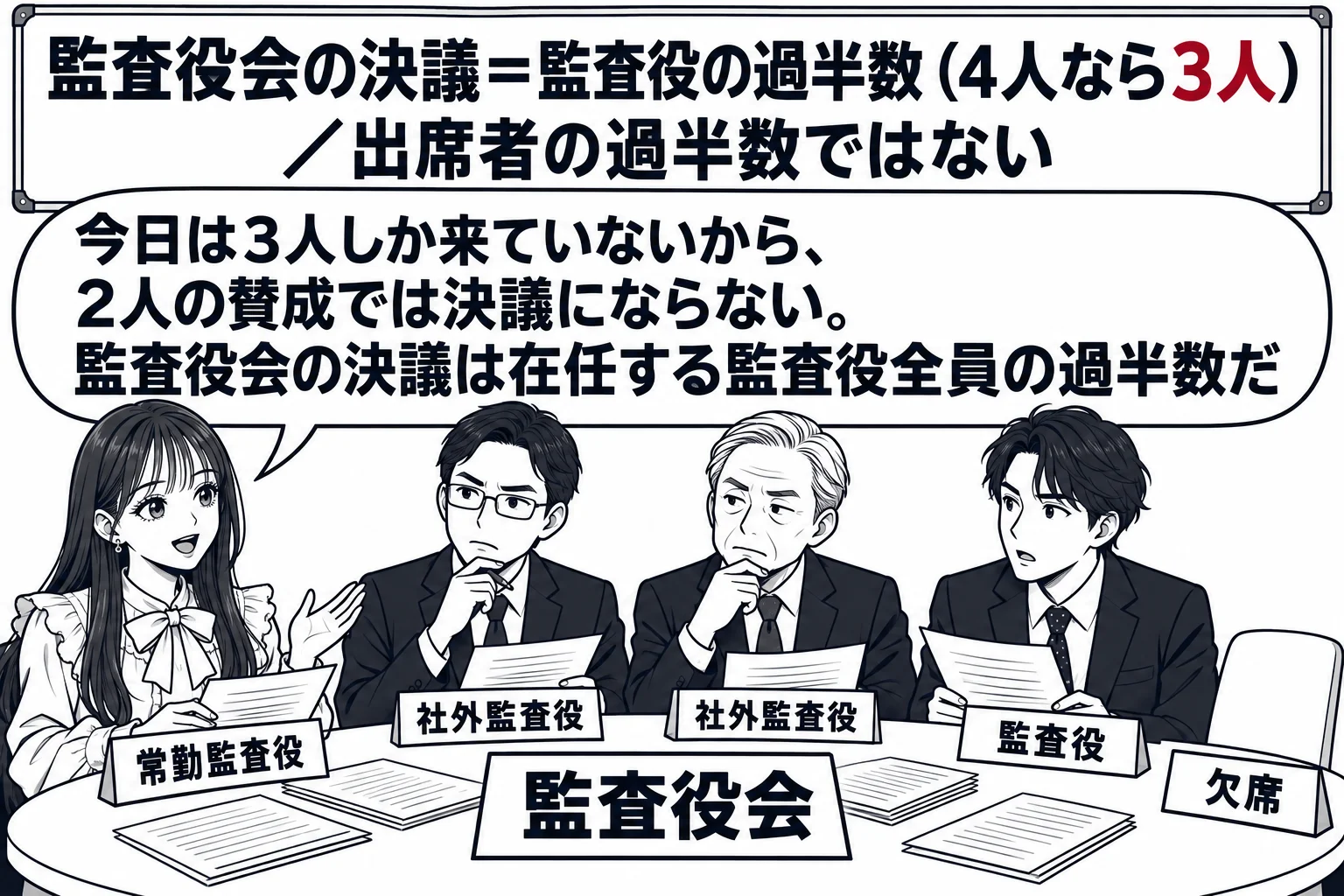 監査役会の会議室の場面。丸机に先生（札「常勤監査役」）と男性監査役3人（札「社外監査役」「社外監査役」「監査役」）の計4人が座り、机の中央に札「監査役会」。壁のホワイトボードに「監査役会の決議＝監査役の過半数（4人なら3人）／出席者の過半数