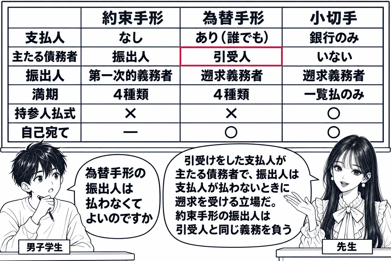 教室の場面。先生が教壇に立ち、黒板に3列の比較表の板書。見出し「約束手形／為替手形／小切手」。行「支払人」に「なし／あり（誰でも）／銀行のみ」。行「主たる債務者」に「振出人／引受人／いない」。行「振出人」に「第一次的義務者／遡求義務者／遡求